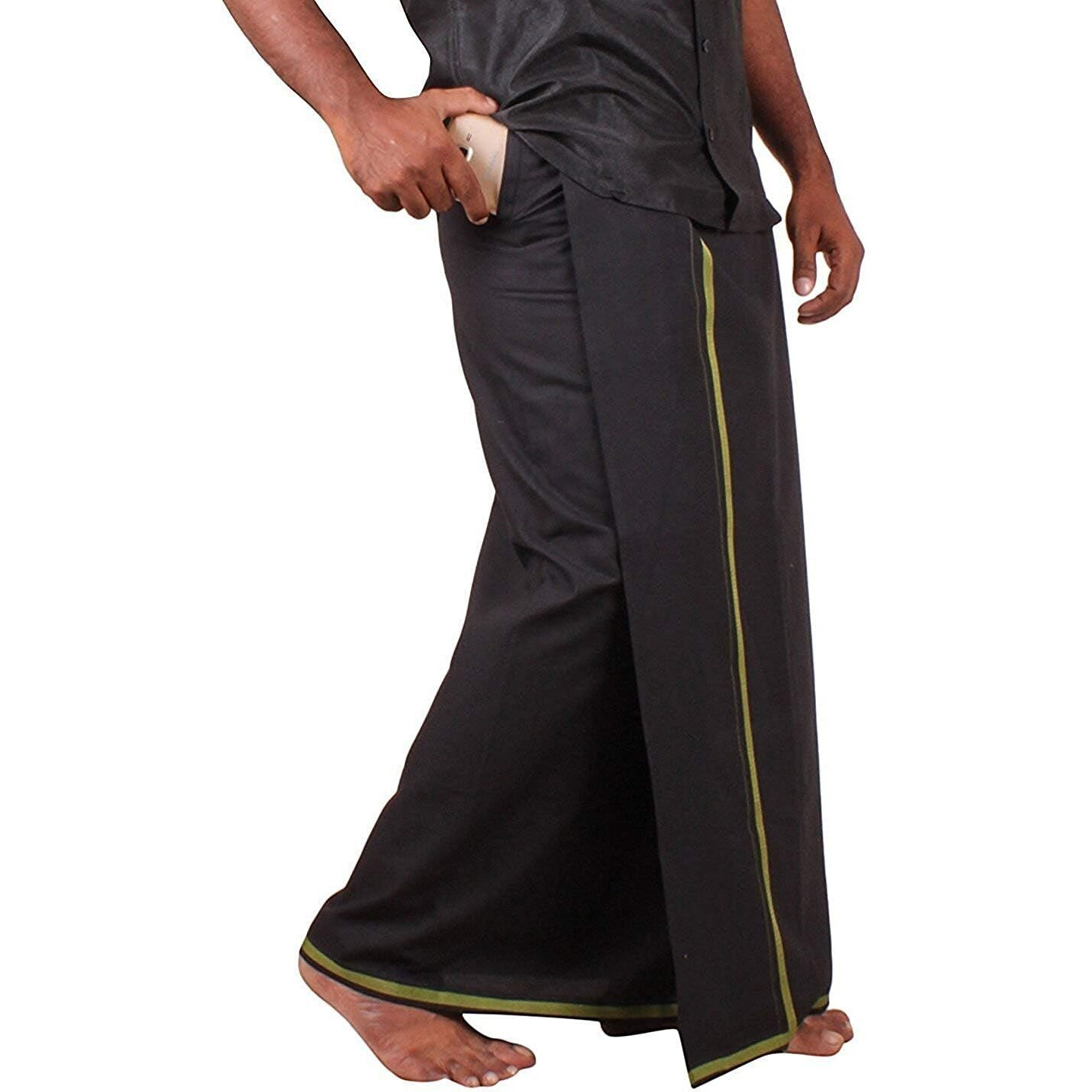 Prakasam Cotton Mens Pure Cotton Fine Quality Stitched Pocket Welcro Attachment Black Colour Dhoti For Mens