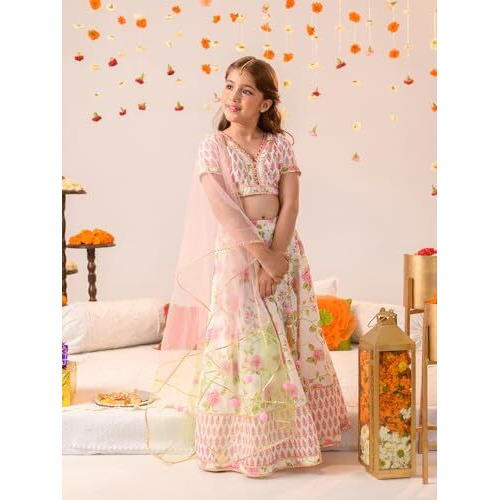 Pspeaches Girl's Cotton Readymade Lehenga Choli (L-Offwhitepinkbooti_Off White_4-5Y)