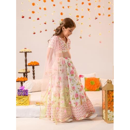 Pspeaches Girl's Cotton Readymade Lehenga Choli (L-Offwhitepinkbooti_Off White_4-5Y)