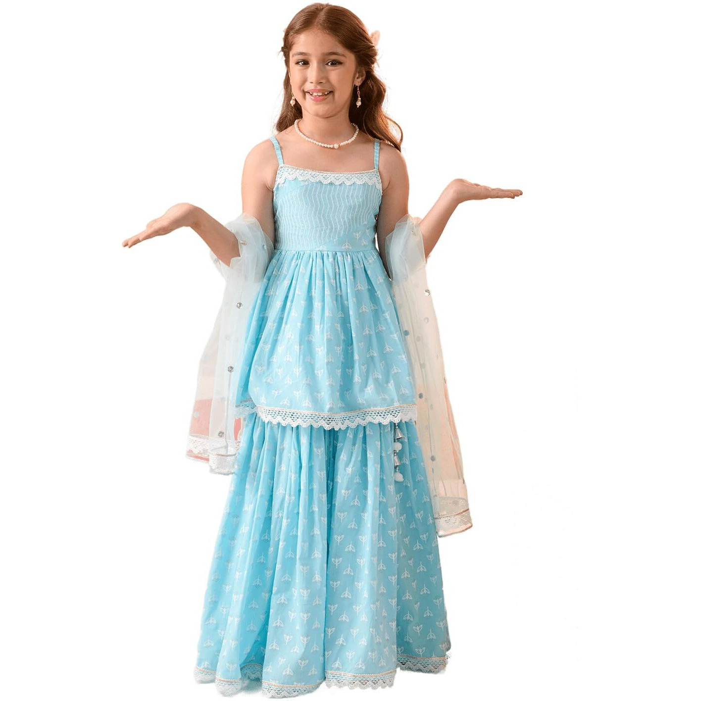 Pspeaches Girl's Cotton Kurta & Sharara (Sha-Bluewhitekhaddi-2-3Y_Blue