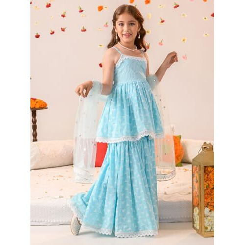 Pspeaches Girl's Cotton Kurta & Sharara (Sha-Bluewhitekhaddi-2-3Y_Blue