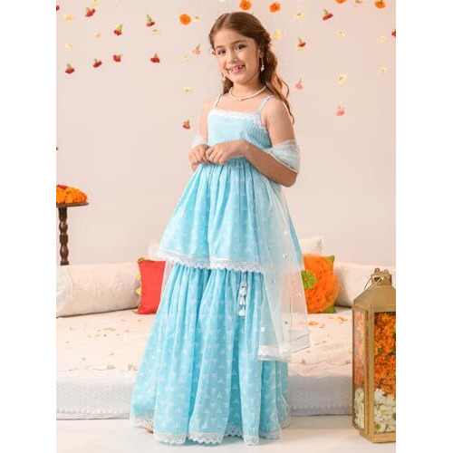 Pspeaches Girl's Cotton Kurta & Sharara (Sha-Bluewhitekhaddi-2-3Y_Blue