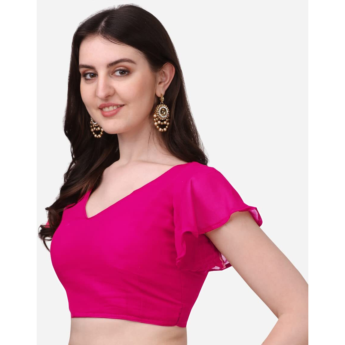 Pujia Mills Women's Georgette Bell Sleeve Readymade Saree Blouse (3003_Rani_38)