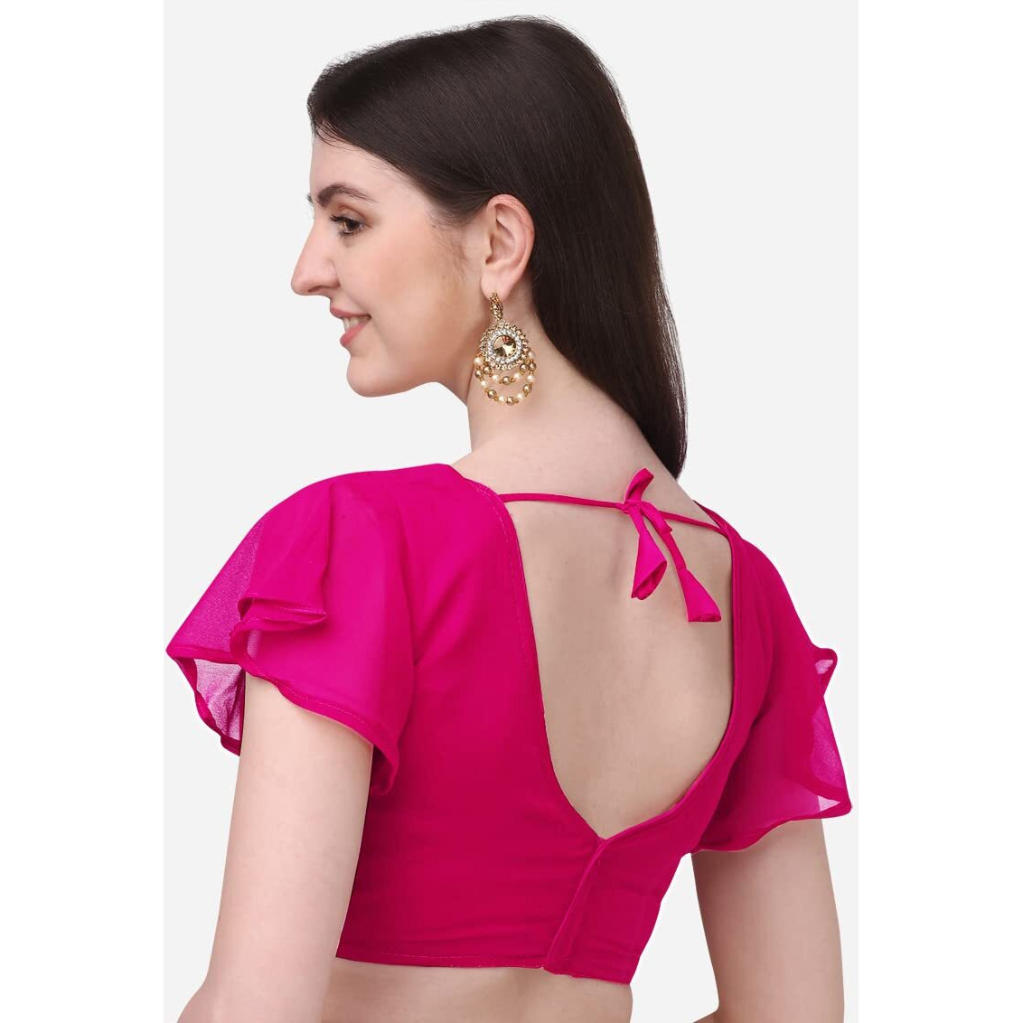 Pujia Mills Women's Georgette Bell Sleeve Readymade Saree Blouse (3003_Rani_38)