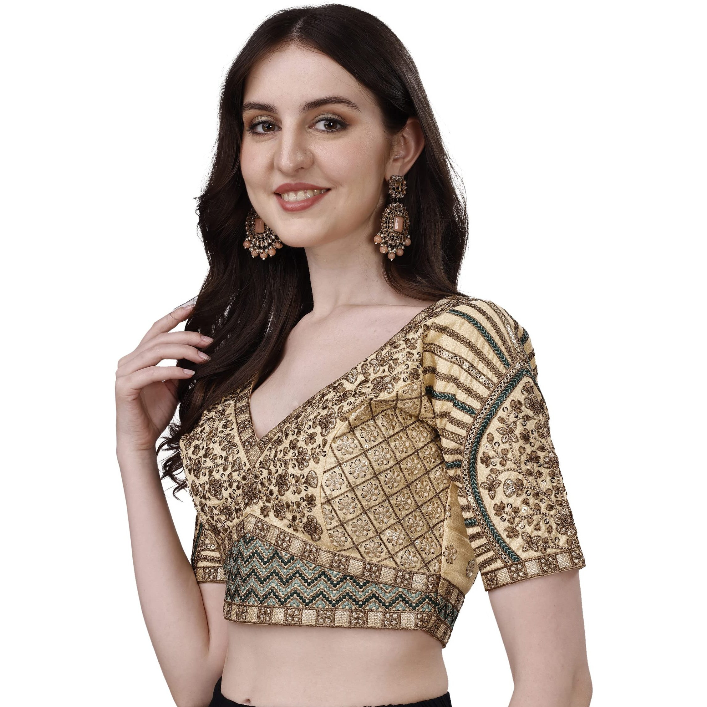 Pujia Mills Mills Women's Fancy Readymade Heavy Coding Embroidary Worked Half Sleeve Cream Saree Blouse(Mushroom Cream_42)