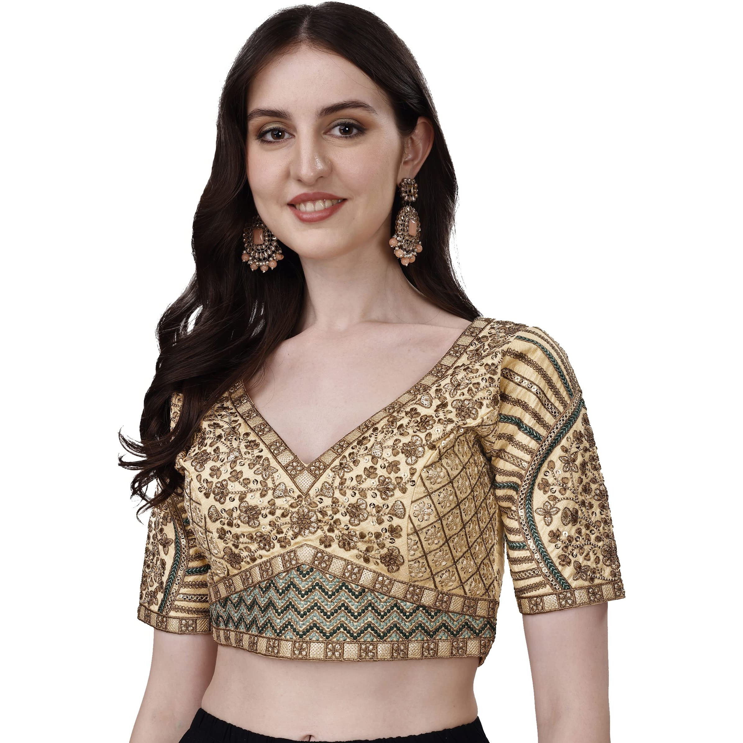 Pujia Mills Mills Women's Fancy Readymade Heavy Coding Embroidary Worked Half Sleeve Cream Saree Blouse(Mushroom Cream_42)