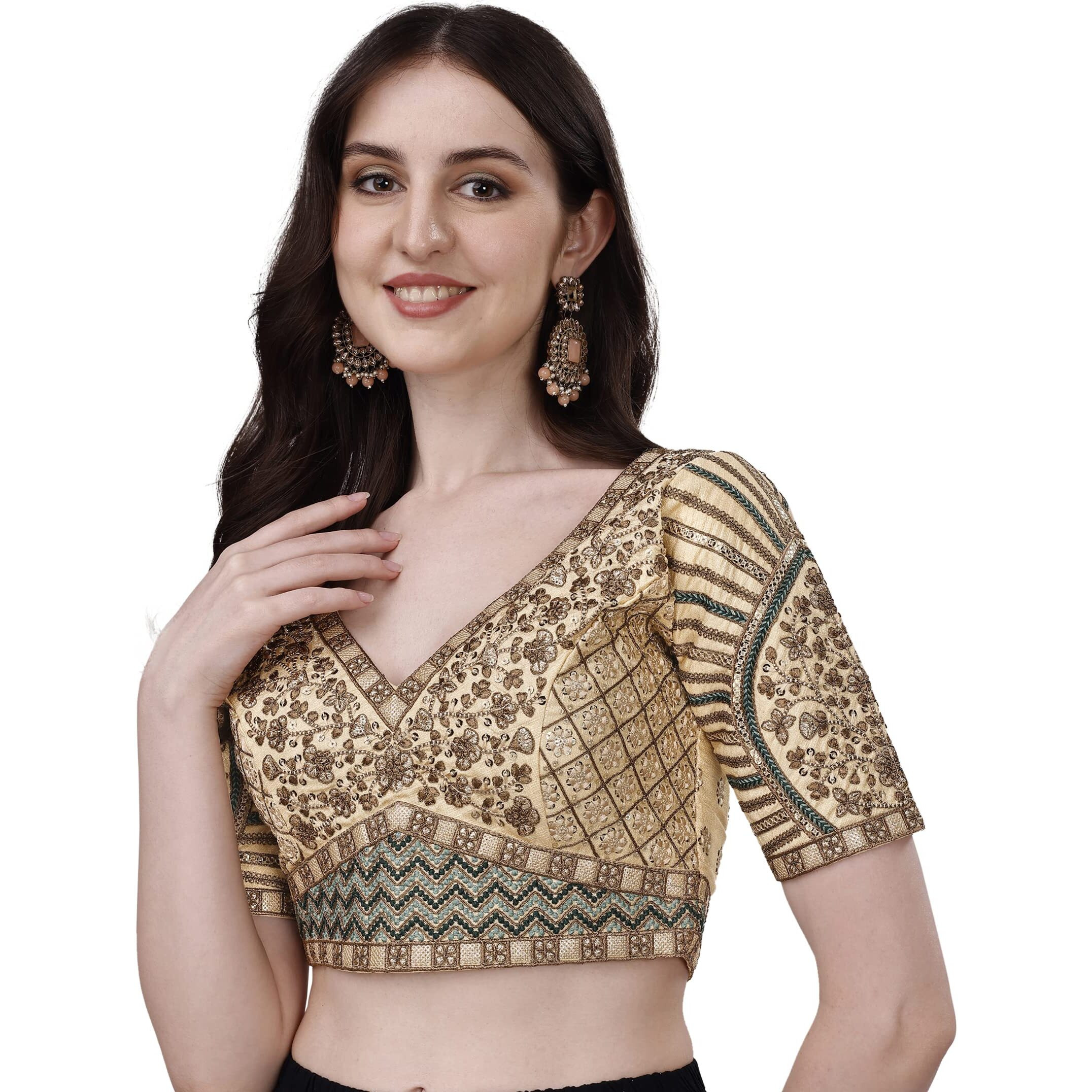 Pujia Mills Mills Women's Fancy Readymade Heavy Coding Embroidary Worked Half Sleeve Cream Saree Blouse(Mushroom Cream_42)