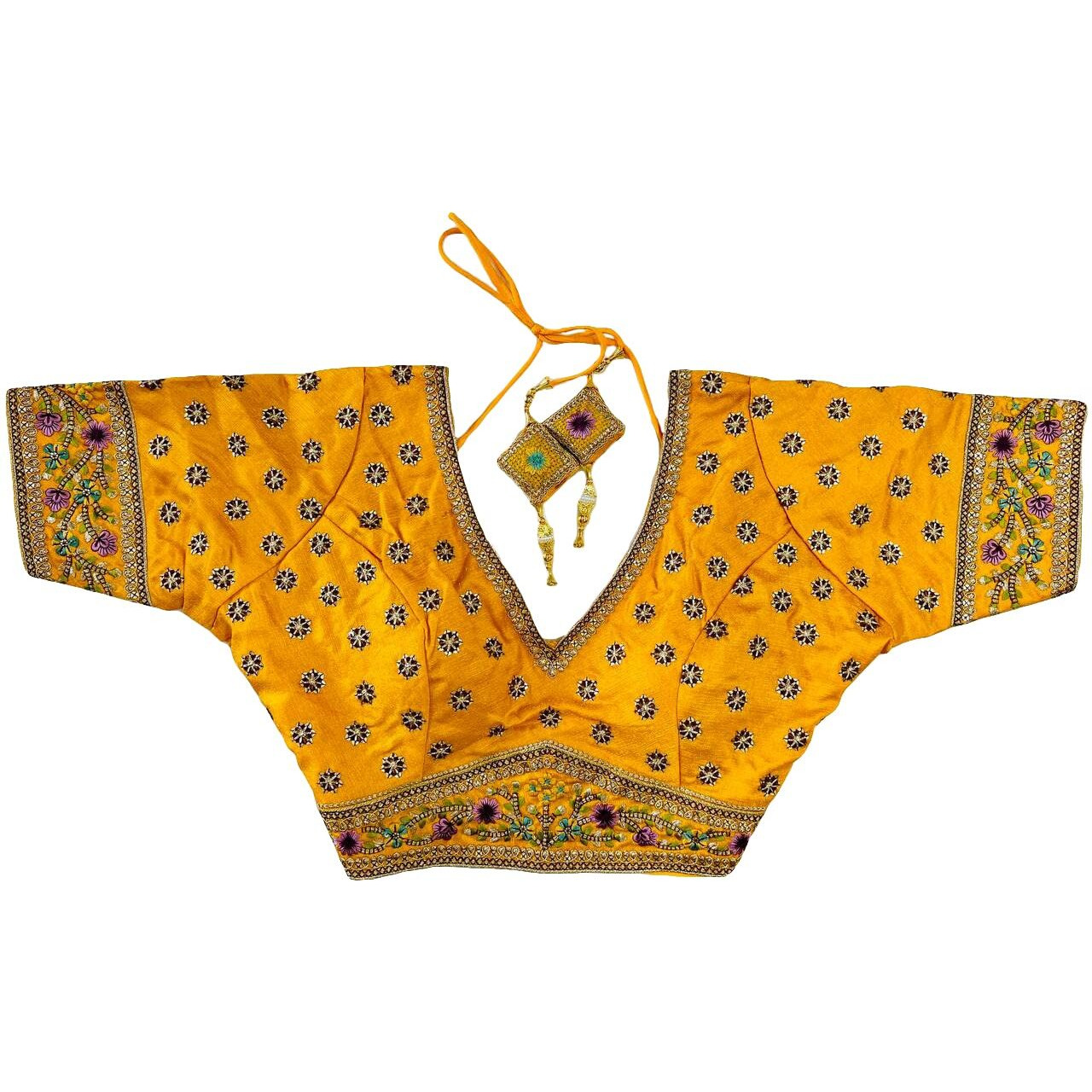 Pujia Mills Women's Milan Silk Golden Zari Embroidery With Sequins Work Yellow Saree Blouse(Vanshika Yellow_42)