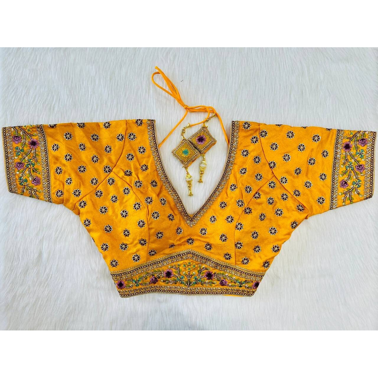 Pujia Mills Women's Milan Silk Golden Zari Embroidery With Sequins Work Yellow Saree Blouse(Vanshika Yellow_42)