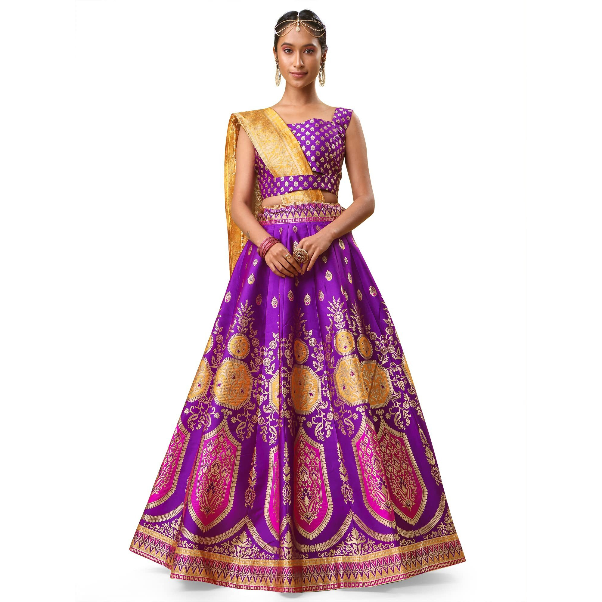 Purvaja Women's Jacquard Semi-Stitched Lehenga Choli (Khwab-Wine_Wine_Free Size)