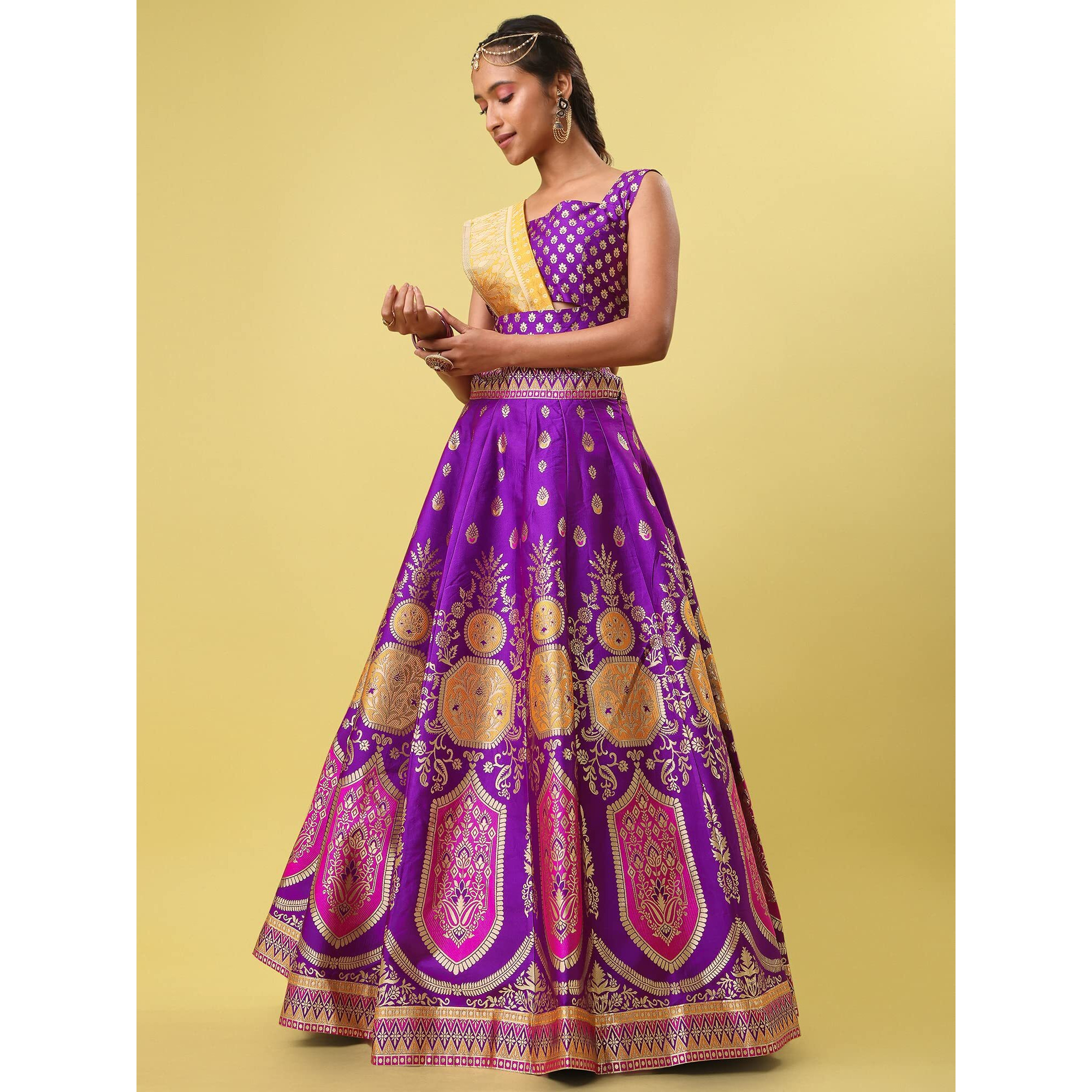 Purvaja Women's Jacquard Semi-Stitched Lehenga Choli (Khwab-Wine_Wine_Free Size)