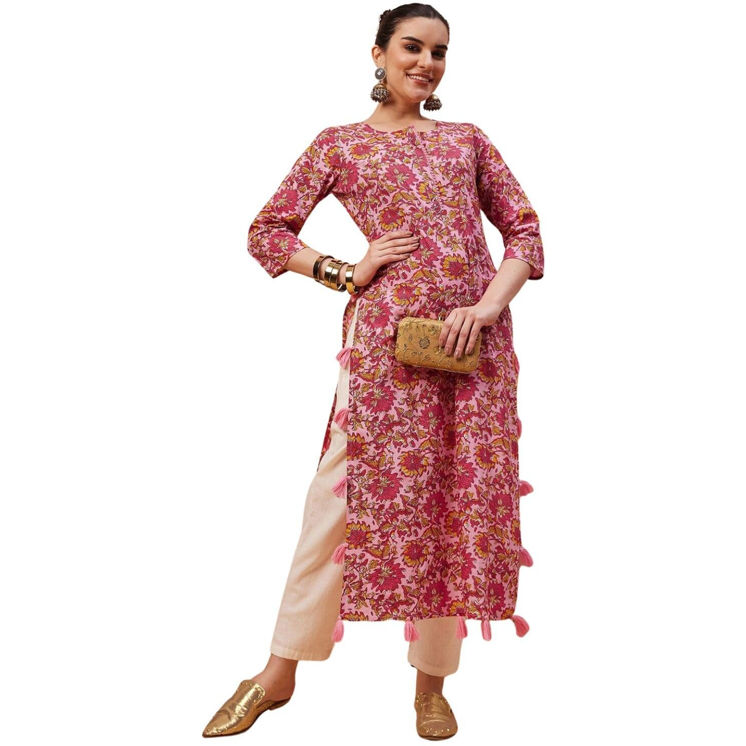 Rytras Women's Cotton Printed Straight Kurta(Ryt578,Pink,S)