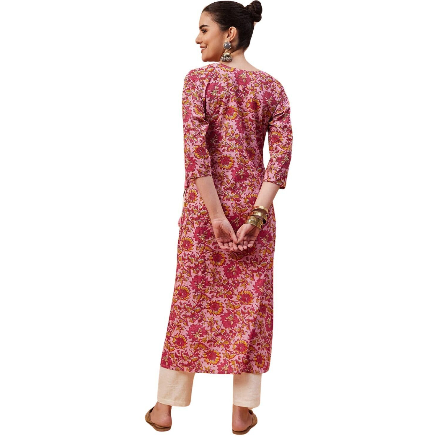 Rytras Women's Cotton Printed Straight Kurta(Ryt578,Pink,S)