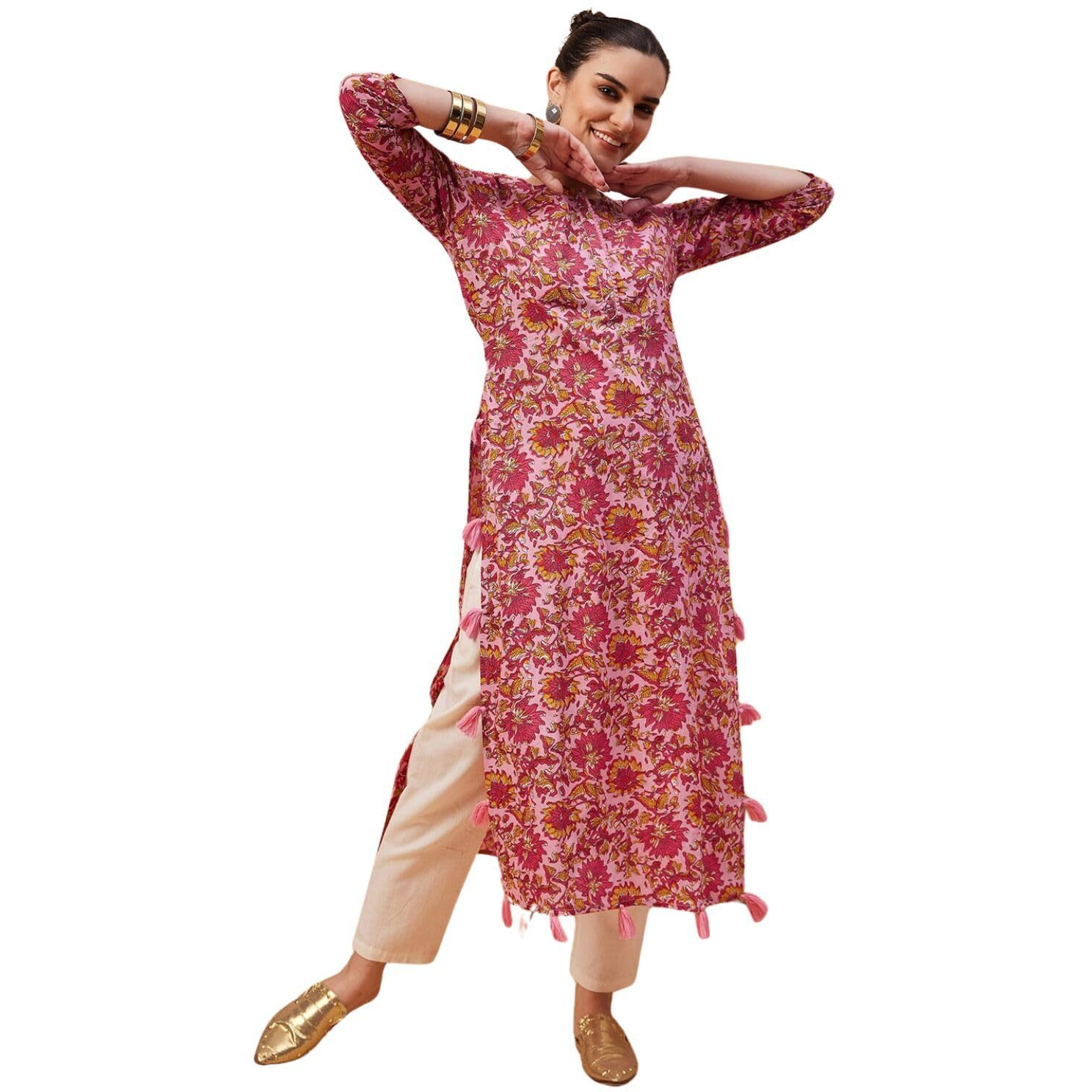 Rytras Women's Cotton Printed Straight Kurta(Ryt578,Pink,S)