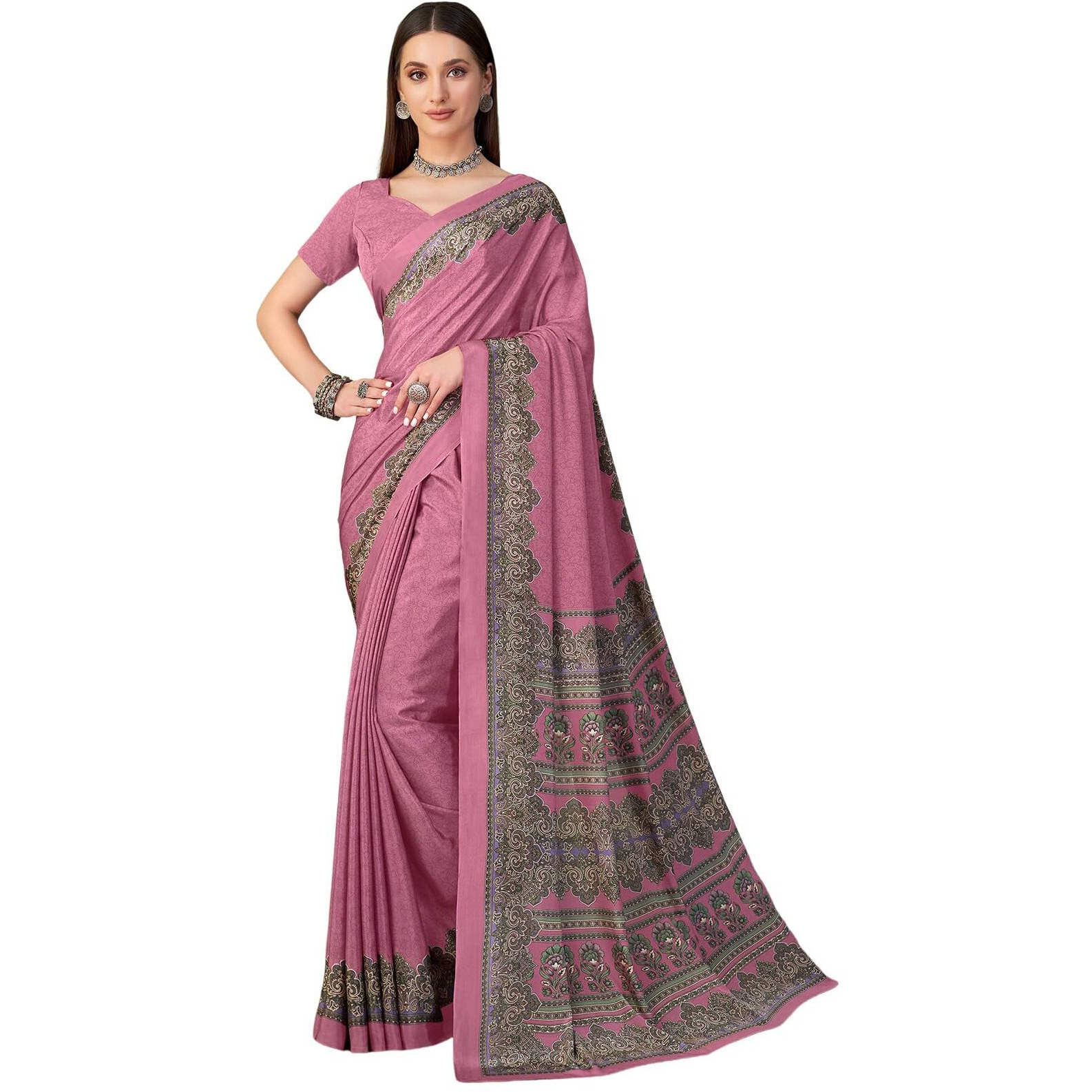 Satrani Women's Silk Crepe Printed Saree With Unstitched Blouse Piece (4079S3291N_Pink)