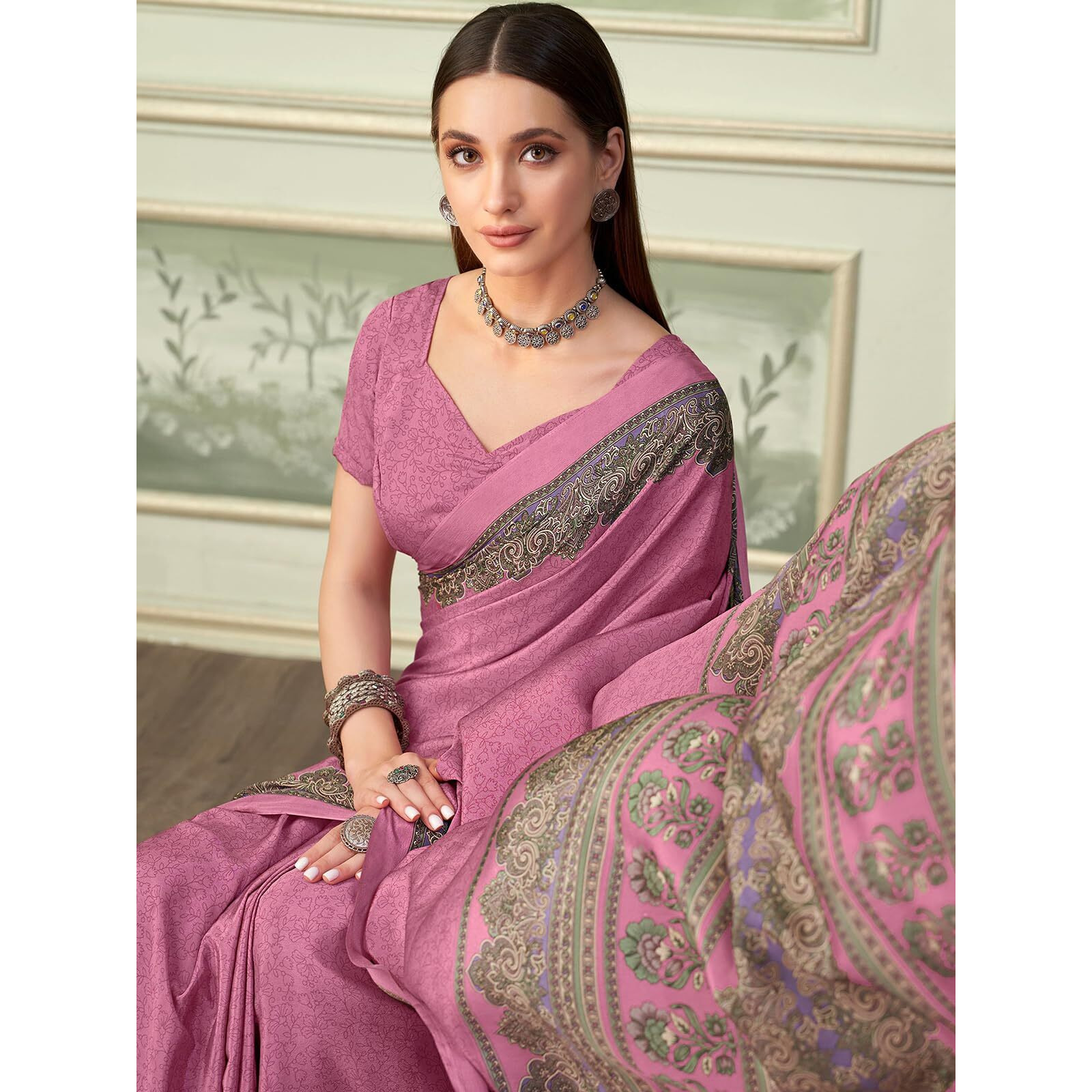 Satrani Women's Silk Crepe Printed Saree With Unstitched Blouse Piece (4079S3291N_Pink)