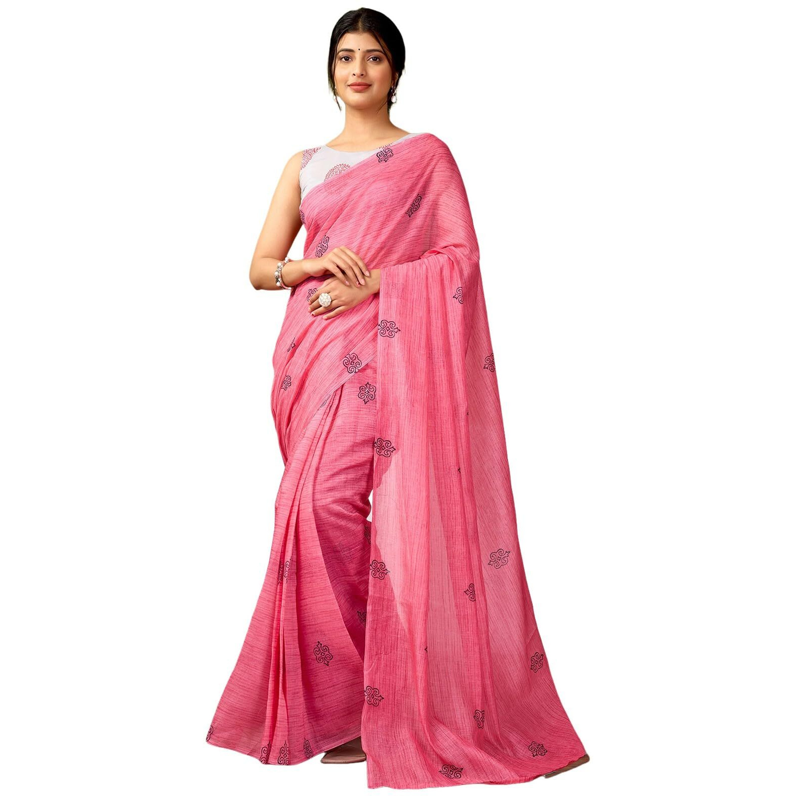 Satrani Women's Chanderi Cotton Printed Ready To Wear One Minute Pre Pleated Readymade Saree With Unstitched Blouse Piece (32Rs311N_Rose Pink)