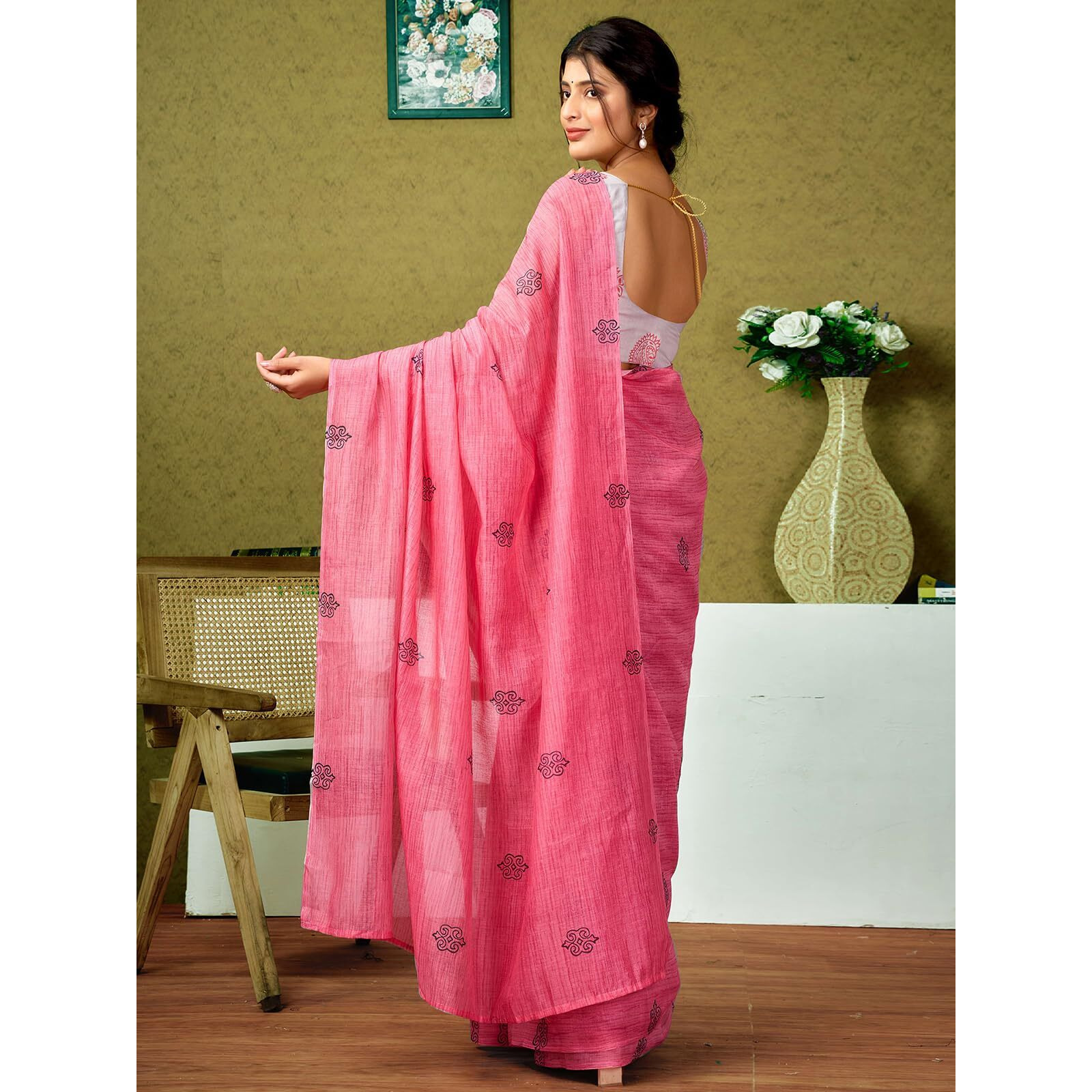 Satrani Women's Chanderi Cotton Printed Ready To Wear One Minute Pre Pleated Readymade Saree With Unstitched Blouse Piece (32Rs311N_Rose Pink)