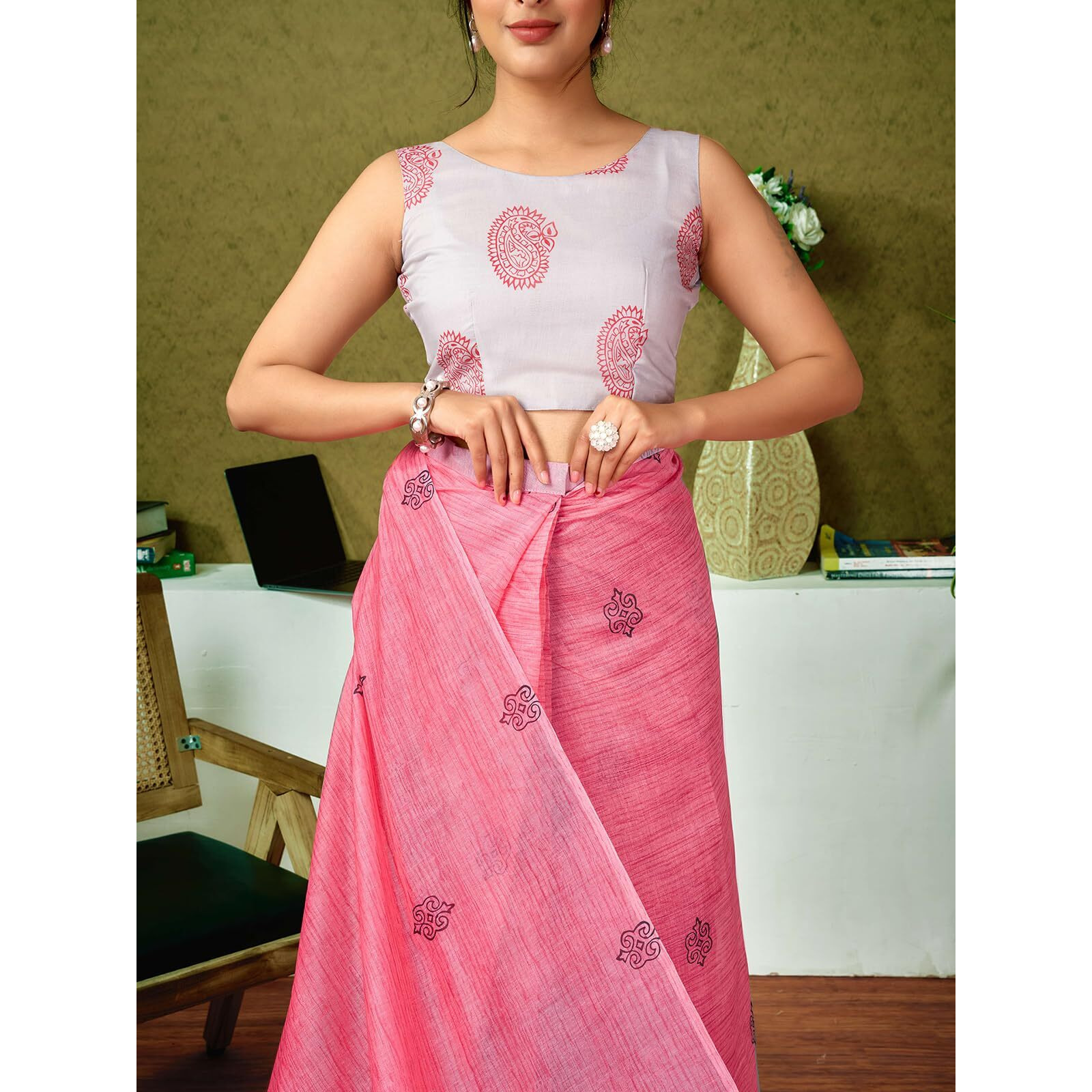 Satrani Women's Chanderi Cotton Printed Ready To Wear One Minute Pre Pleated Readymade Saree With Unstitched Blouse Piece (32Rs311N_Rose Pink)