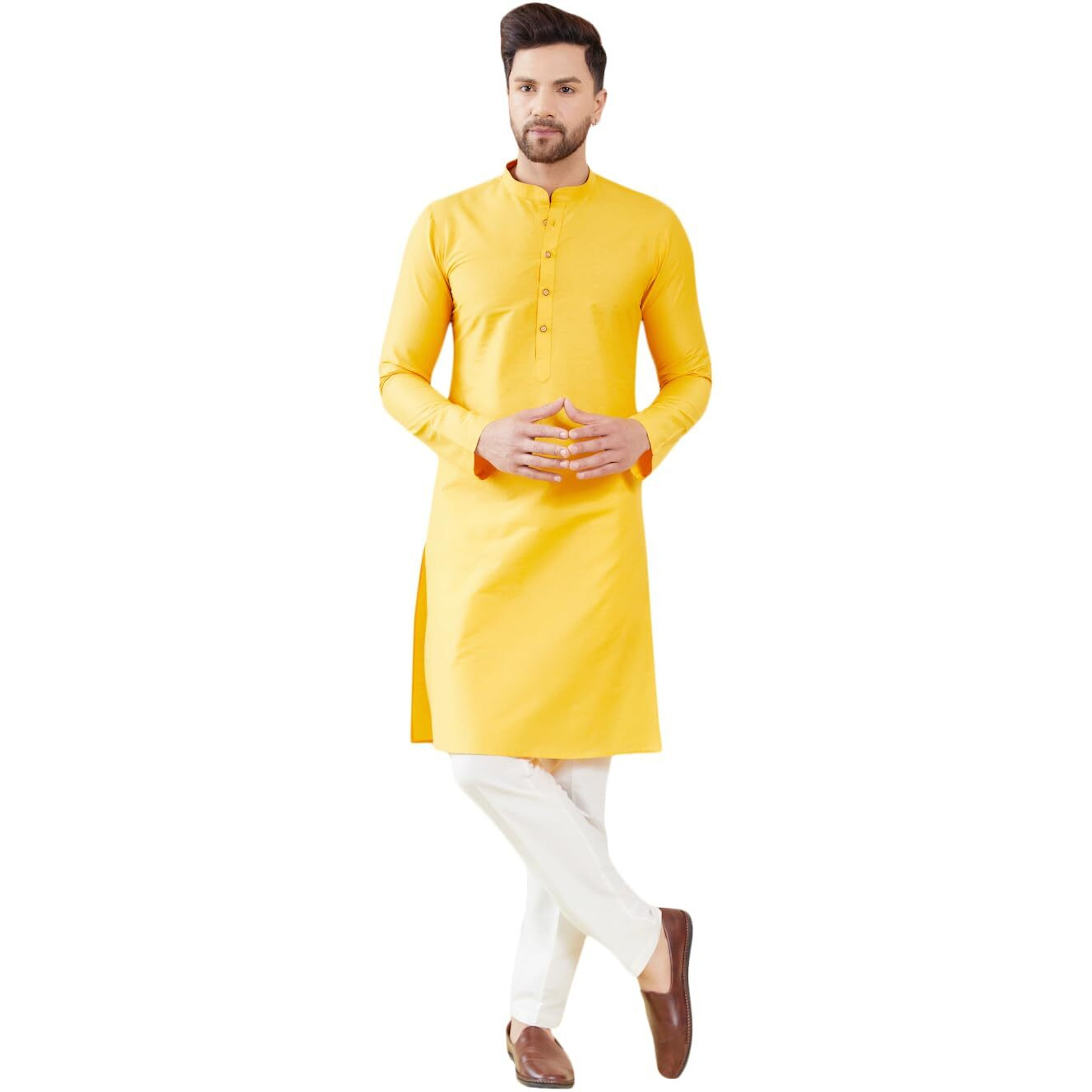 See Designs Men Long Sleeve Side Slit Mandarin Collar Yellow Cotton Solid Straight Kurta - Sdkt2483L
