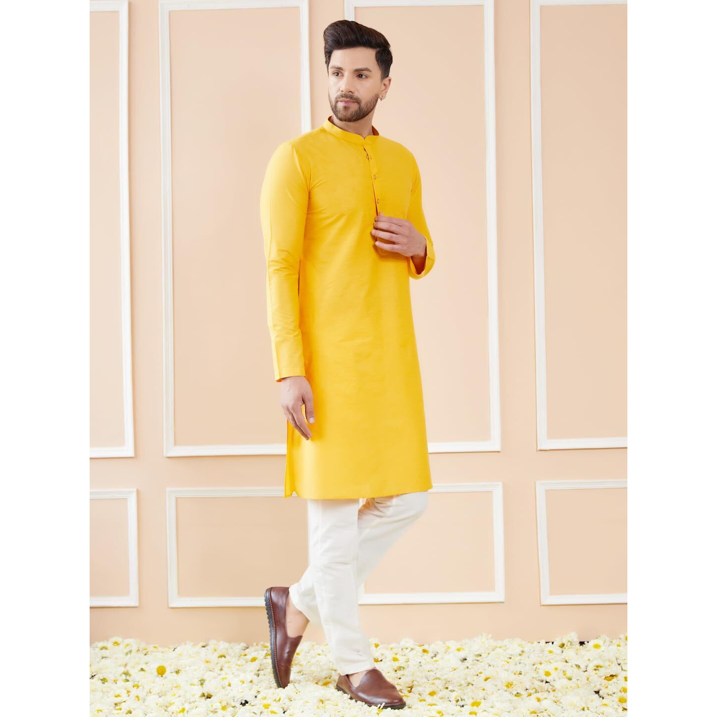 See Designs Men Long Sleeve Side Slit Mandarin Collar Yellow Cotton Solid Straight Kurta - Sdkt2483L