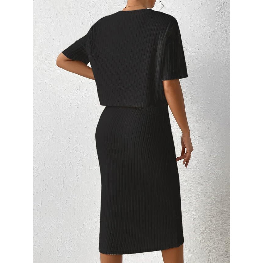 Selvia Women's Short Sleeves Lycra V-Neck Casual Co-Ords Set (554Tk10826N-Xl_Black)