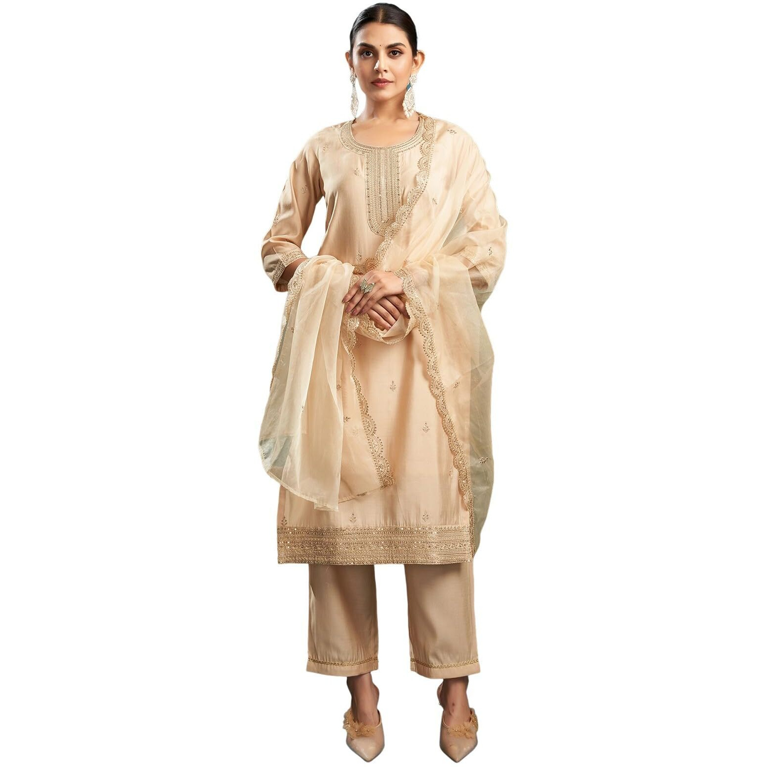 Sanisa Women's Viscose Chanderi Sequins And Embroidery Work Straight Kurta With Pant And Dupatta Set (177Kbd1893N-L_Beige)