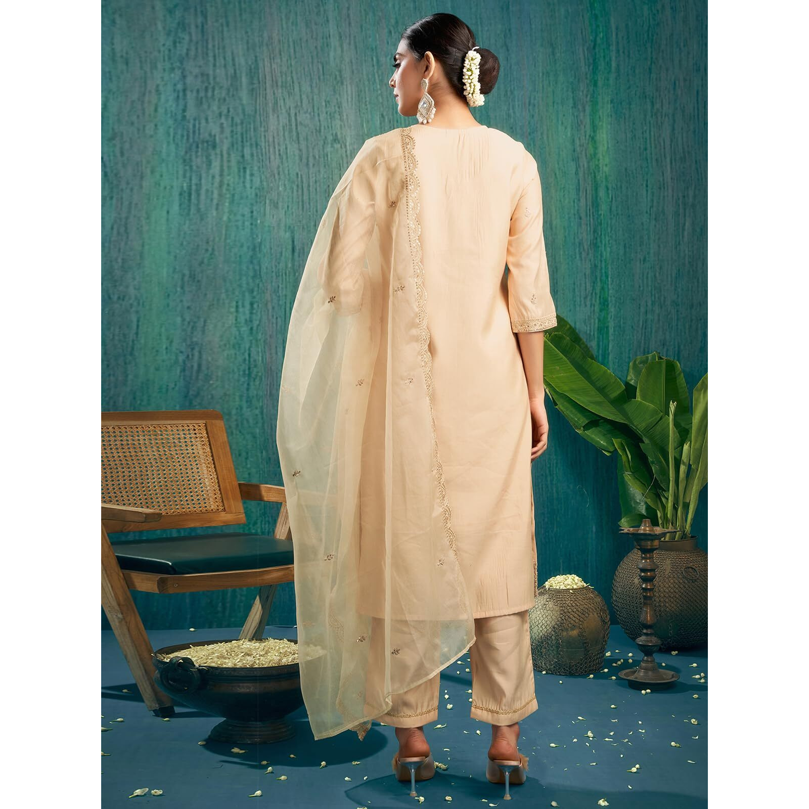 Sanisa Women's Viscose Chanderi Sequins And Embroidery Work Straight Kurta With Pant And Dupatta Set (177Kbd1893N-L_Beige)
