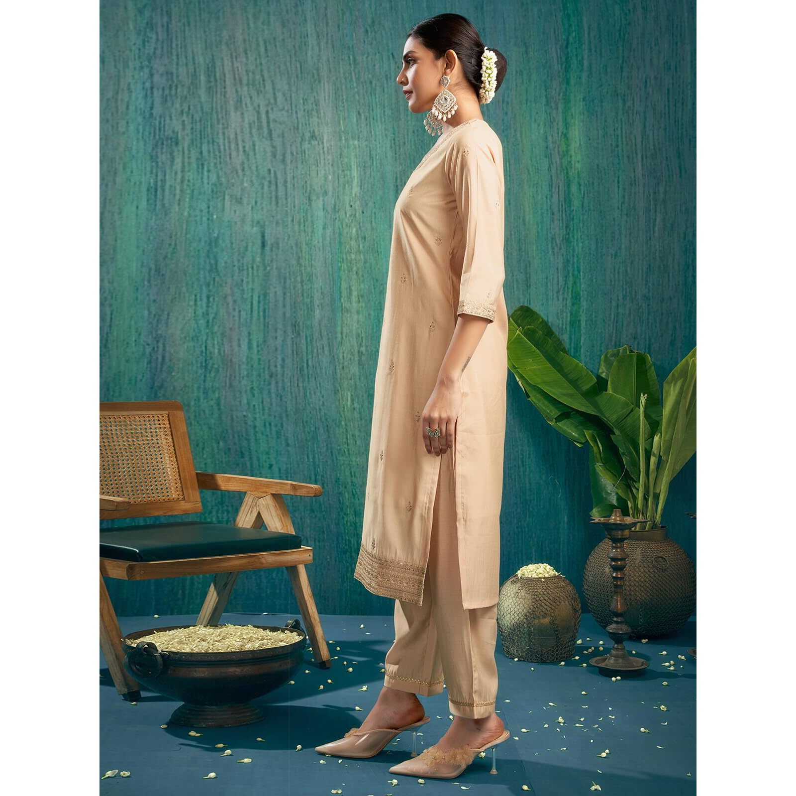 Sanisa Women's Viscose Chanderi Sequins And Embroidery Work Straight Kurta With Pant And Dupatta Set (177Kbd1893N-L_Beige)
