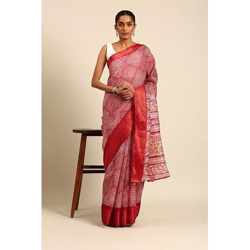Shiv Textiles Poly Cotton Bandhani Floral Print Saree For Women With Unstitched Blouse (St-10235-Maroon)