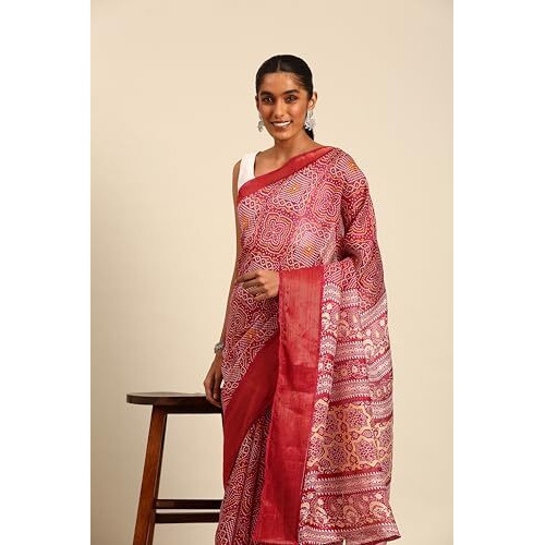 Shiv Textiles Poly Cotton Bandhani Floral Print Saree For Women With Unstitched Blouse (St-10235-Maroon)