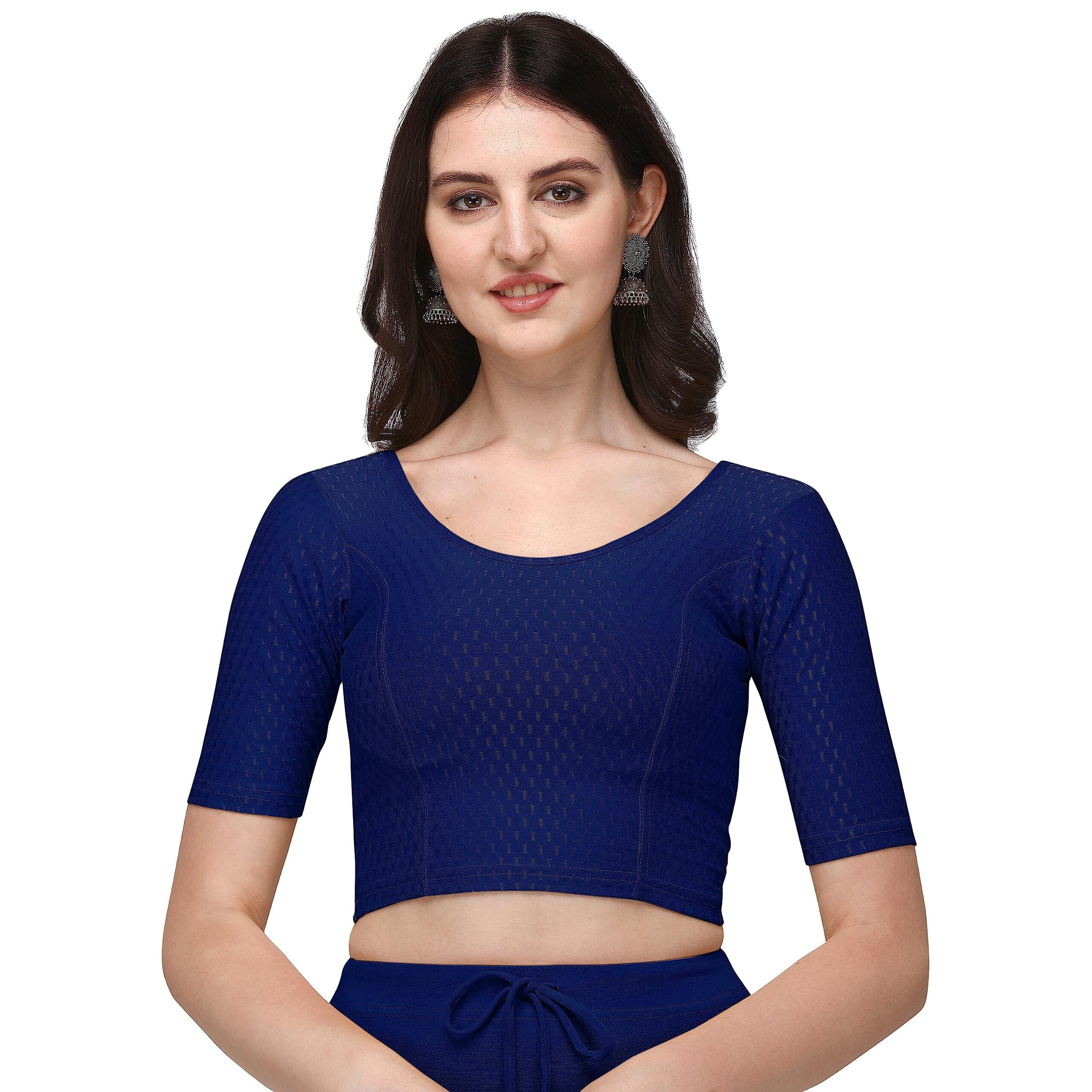 Shiv Textiles Round Neck Dobby Cotton Lycra Stretchable Elbow Sleeve Readymade Saree Blouse For Women Stylish (Royalblueover Size)