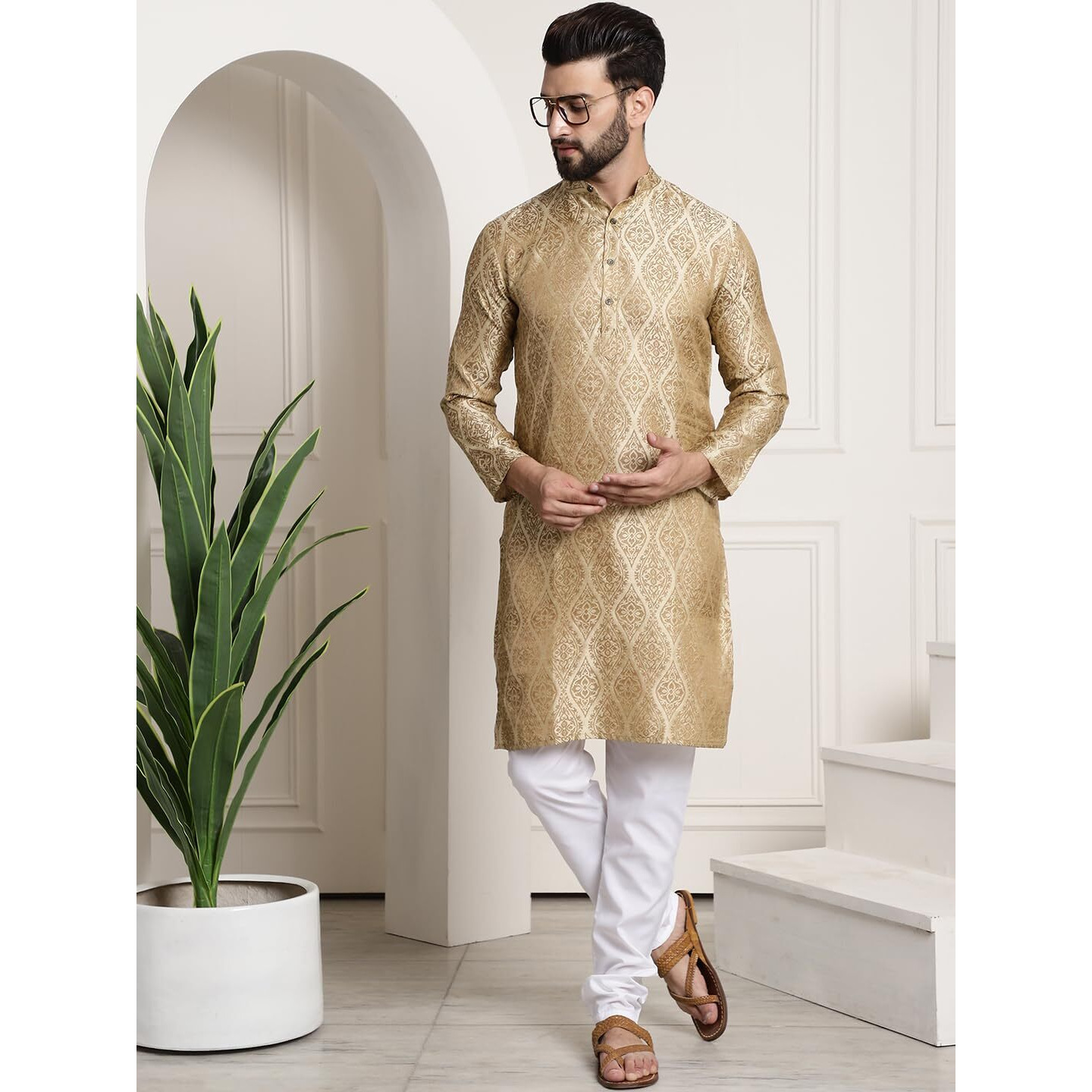 Sojanya (Since 1958 Men's Silk Blend Beige Self Design Kurta And White Churidar Pyjama Set