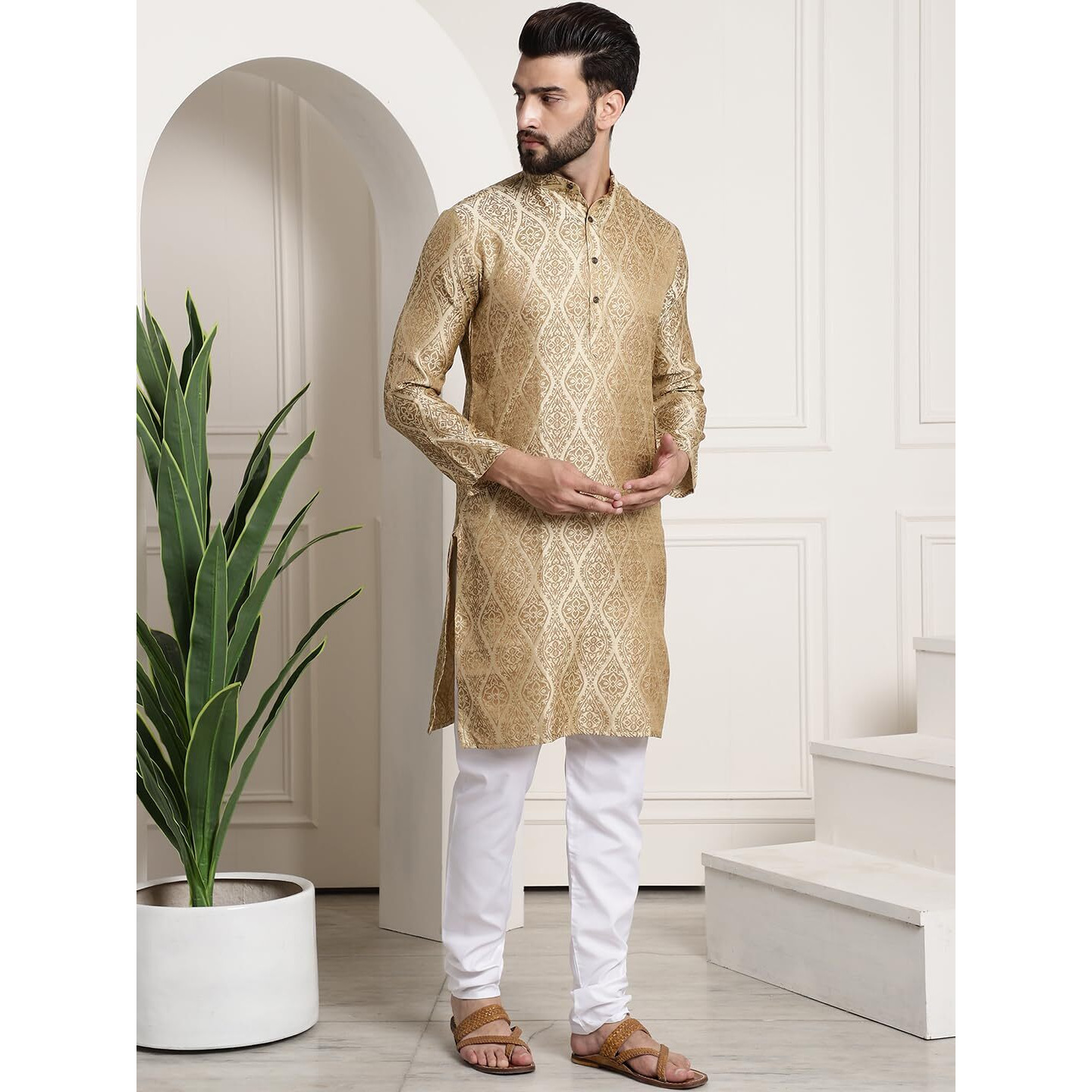 Sojanya (Since 1958 Men's Silk Blend Beige Self Design Kurta And White Churidar Pyjama Set