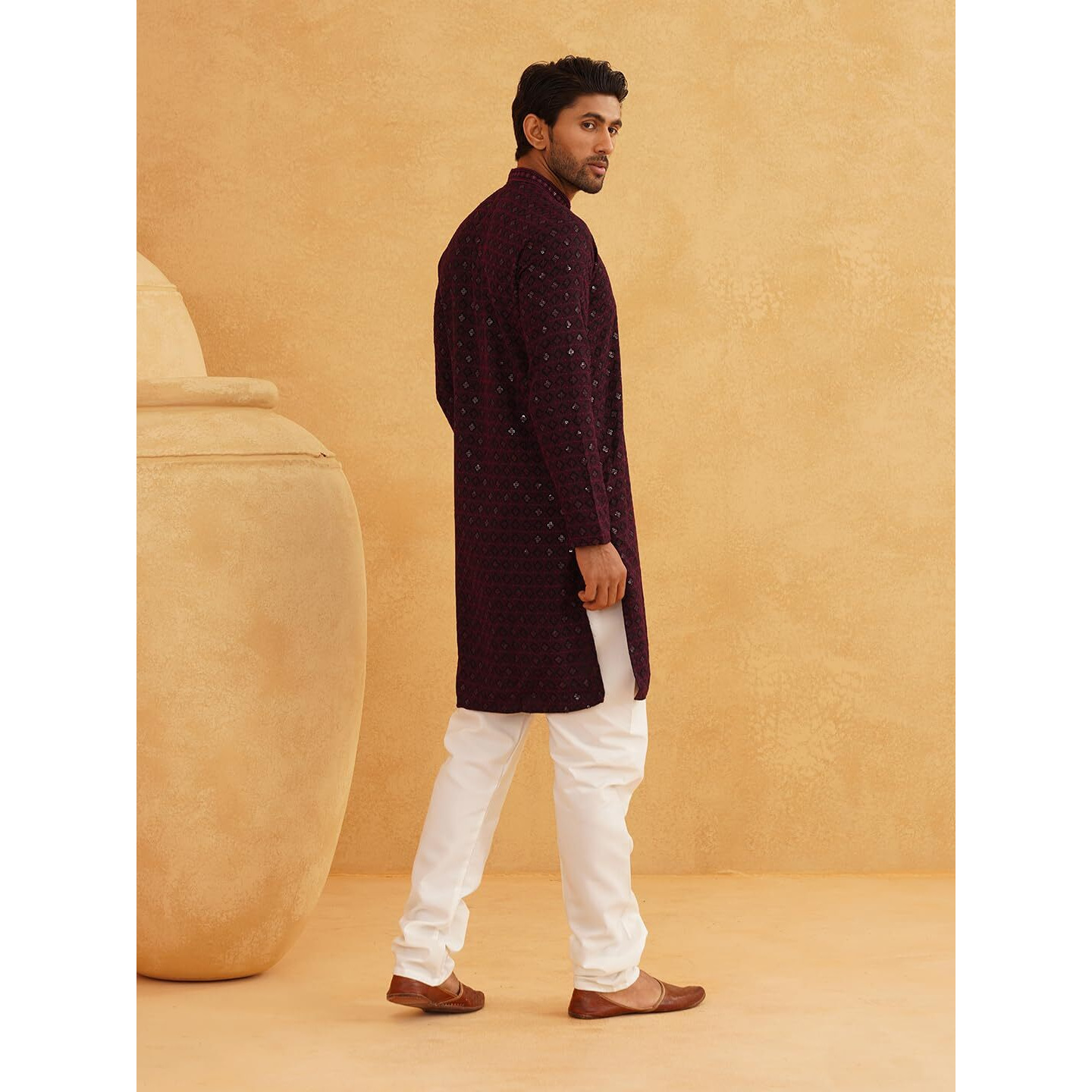 Sojanya (Since 1958 Men's Cotton Gold Embroidered Sequinned Purple Kurta With White Churidar Pyjama