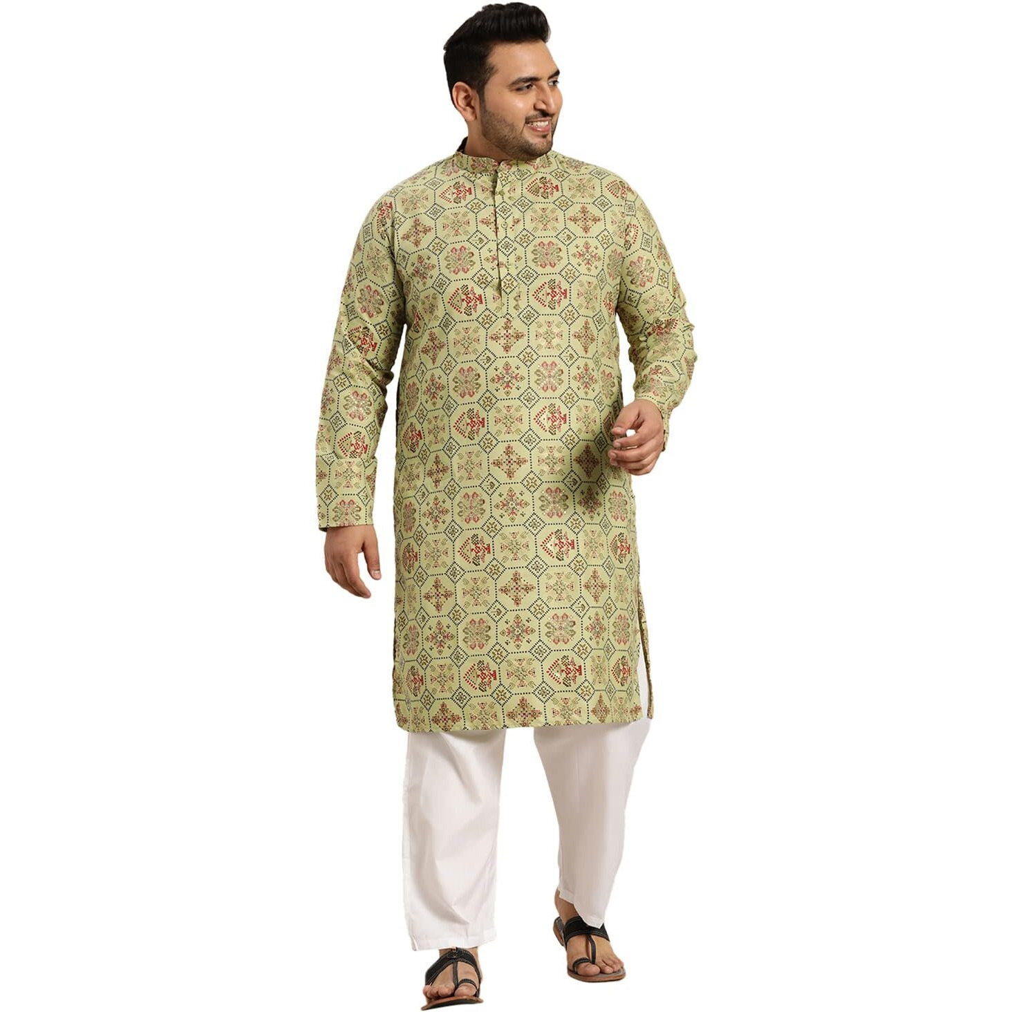 Sojanya Plus (Since 1958) Men's Cotton Linen Pista Green And Multi Printed Kurta And White Pyjama Set