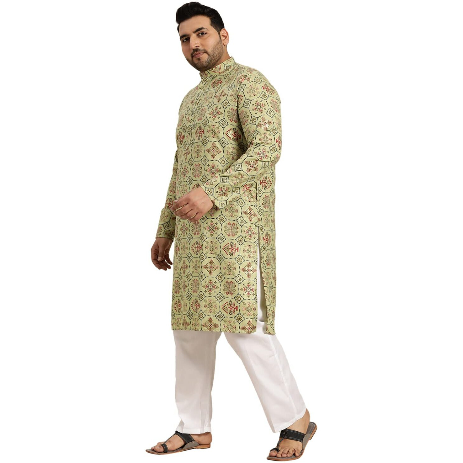 Sojanya Plus (Since 1958) Men's Cotton Linen Pista Green And Multi Printed Kurta And White Pyjama Set