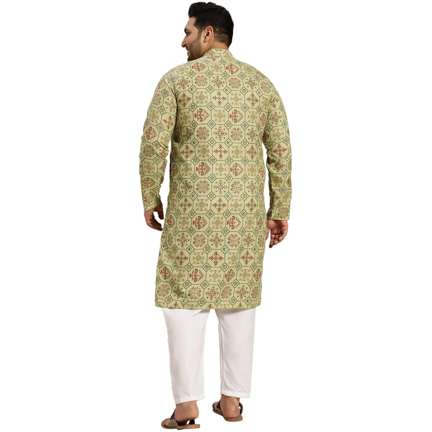 Sojanya Plus (Since 1958) Men's Cotton Linen Pista Green And Multi Printed Kurta And White Pyjama Set