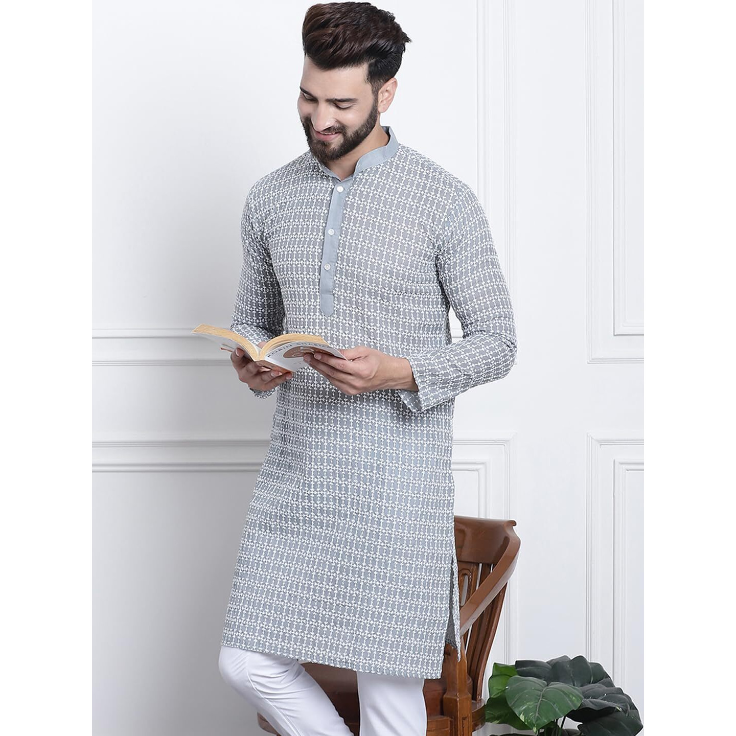 Sojanya (Since 1958 Men's Pure Cotton Grey With White Embroidery Only Long Kurta
