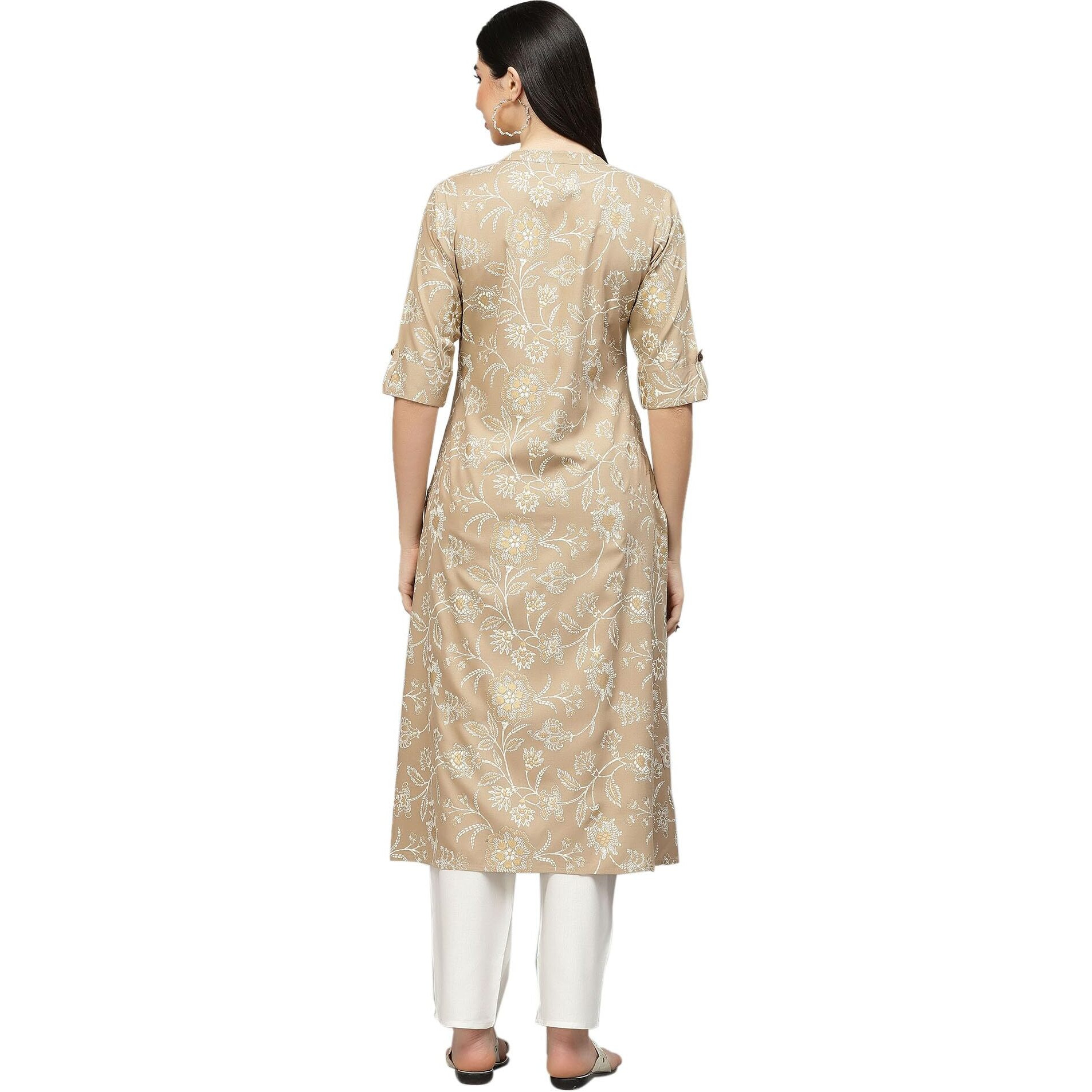 Stylum Women's Floral Print Rayon A-Line Kurta (Fionabeige40_Beige, L)