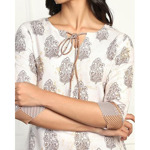 Tadkee Women Cotton Blend Printed Kurta With Palazzo (Fnx-Plazzo-Pair-Dori-107-White-L)