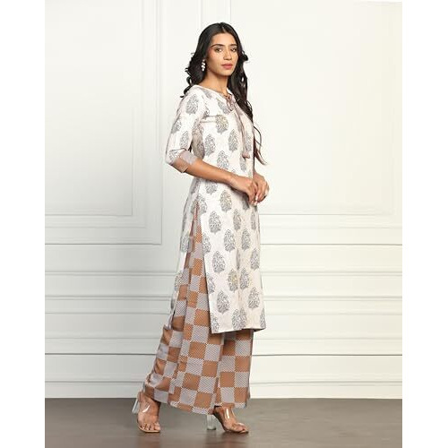 Tadkee Women Cotton Blend Printed Kurta With Palazzo (Fnx-Plazzo-Pair-Dori-107-White-L)