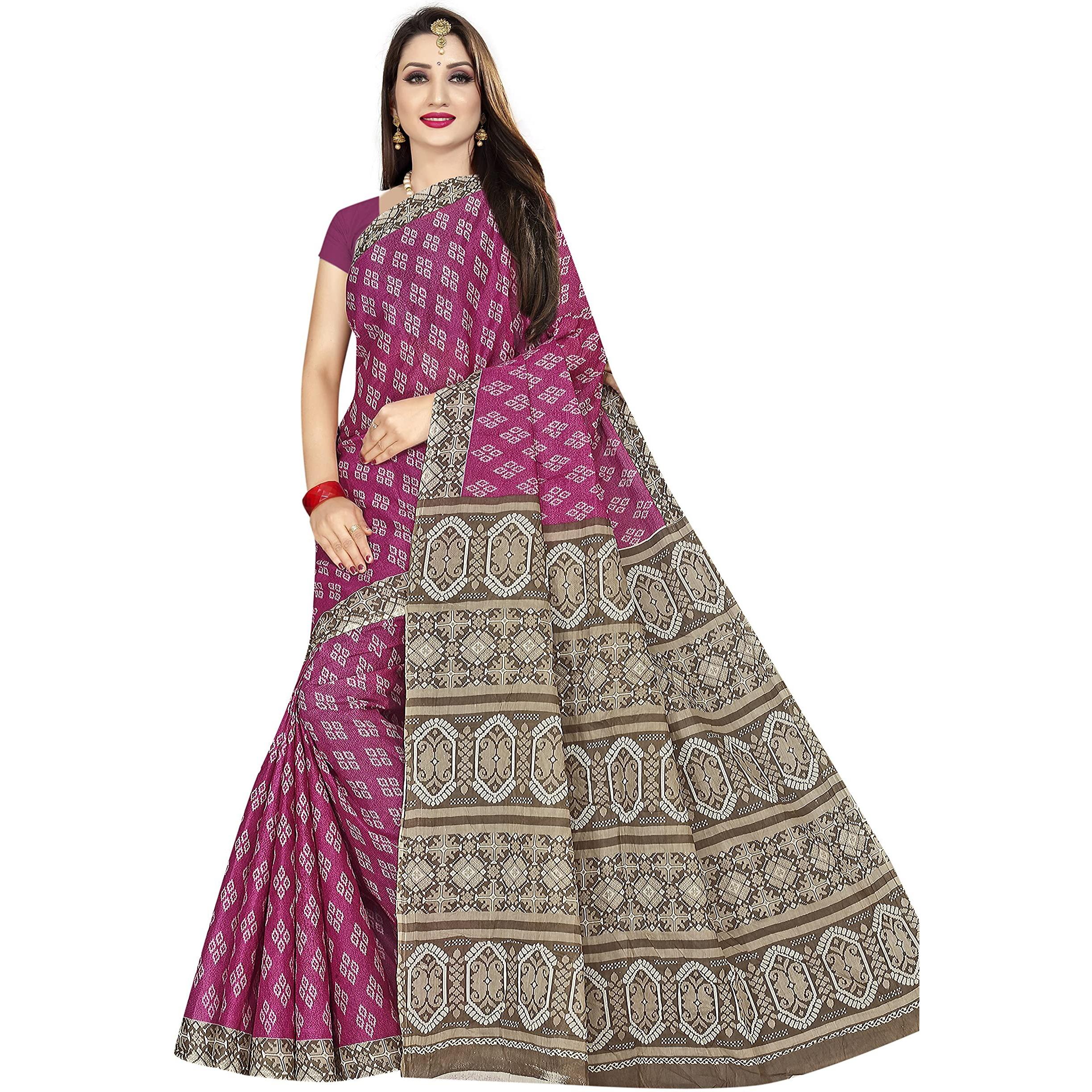 Tamaira Fashion Women's Plain Weave Pure Cotton Saree Without Blouse Piece (Ab24_Beige And Magenta)