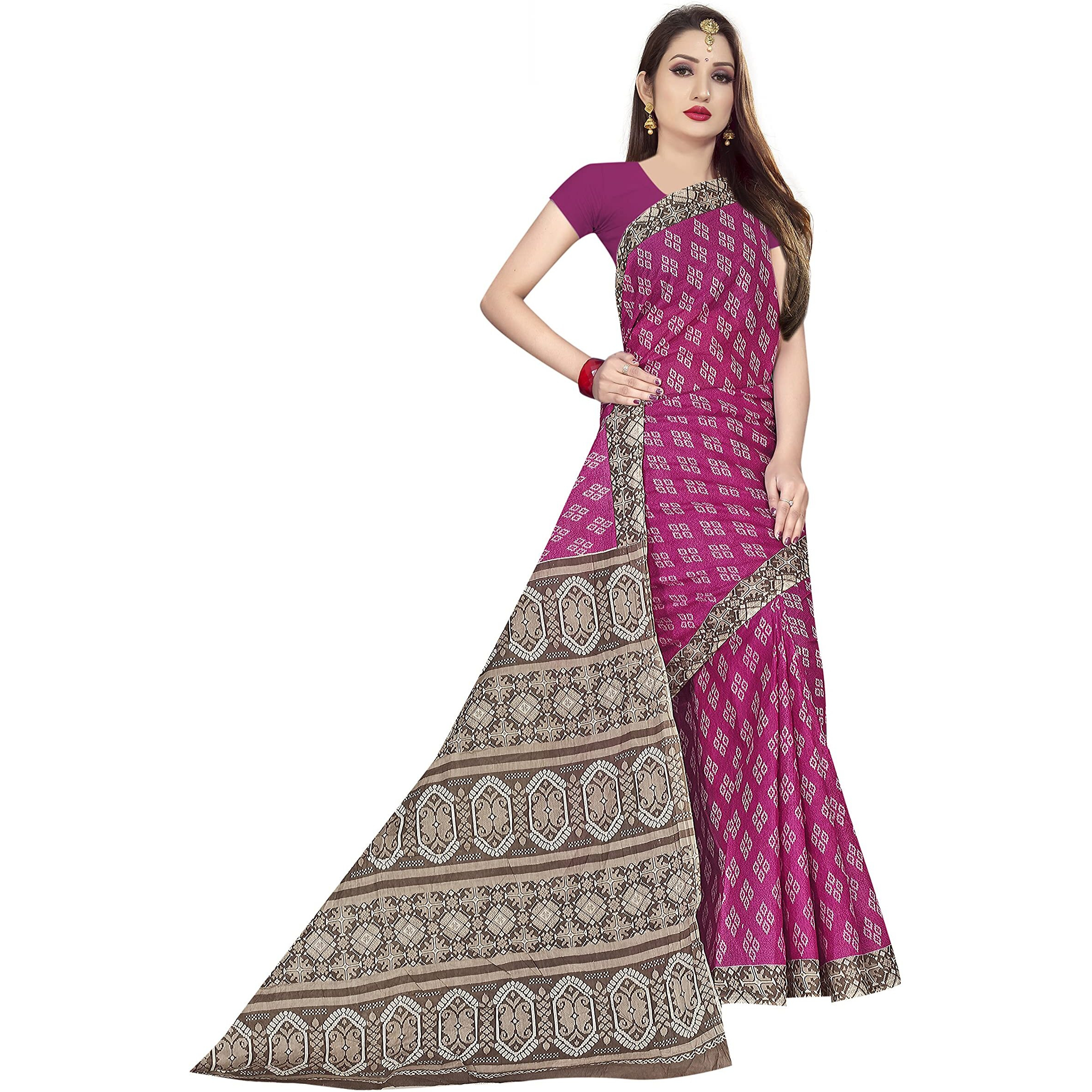 Tamaira Fashion Women's Plain Weave Pure Cotton Saree Without Blouse Piece (Ab24_Beige And Magenta)