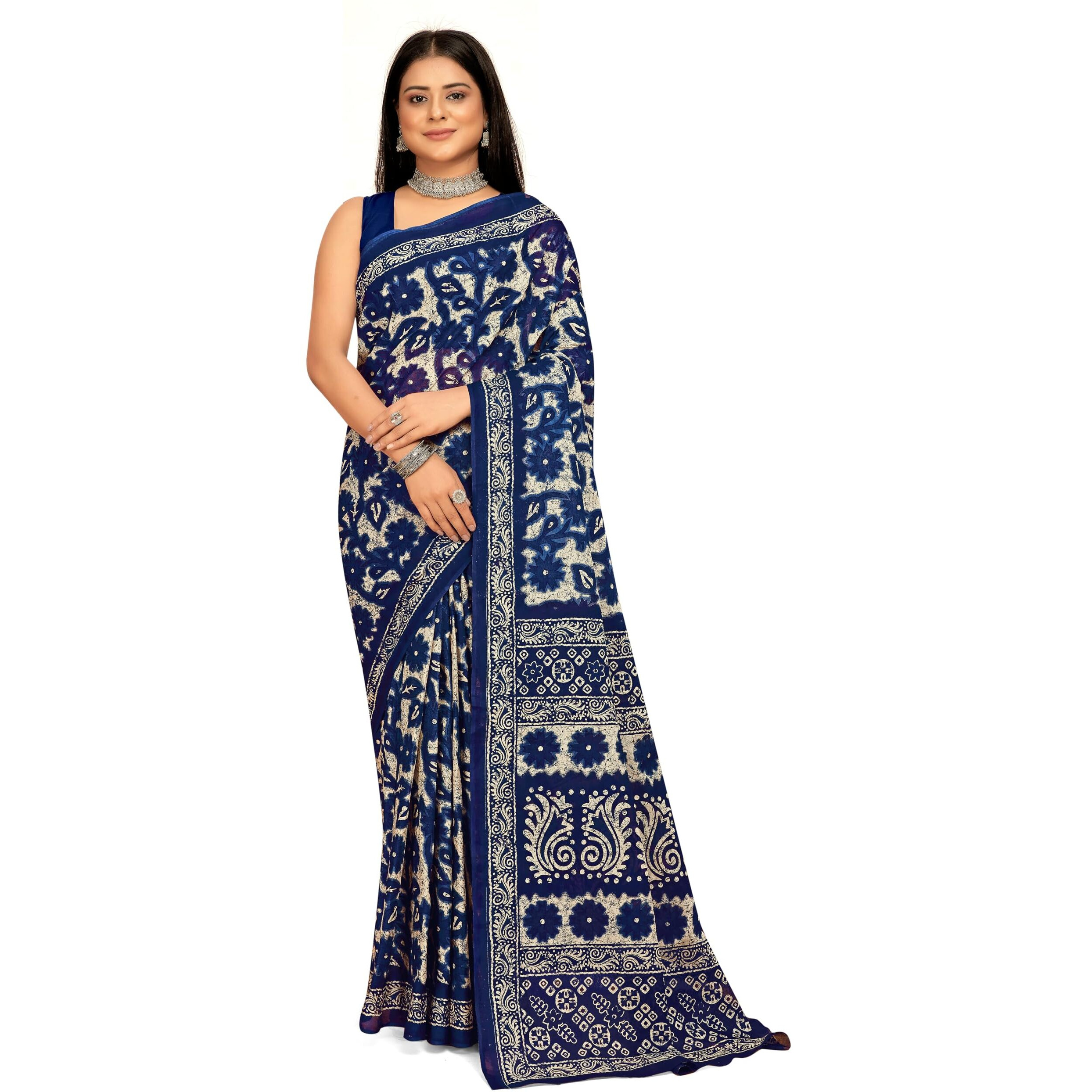 Tamaira Fashion Women's Floral Batik Printed Pure Cotton Mulmul Saree Without Blouse Piece(11588_Indigo Blue)