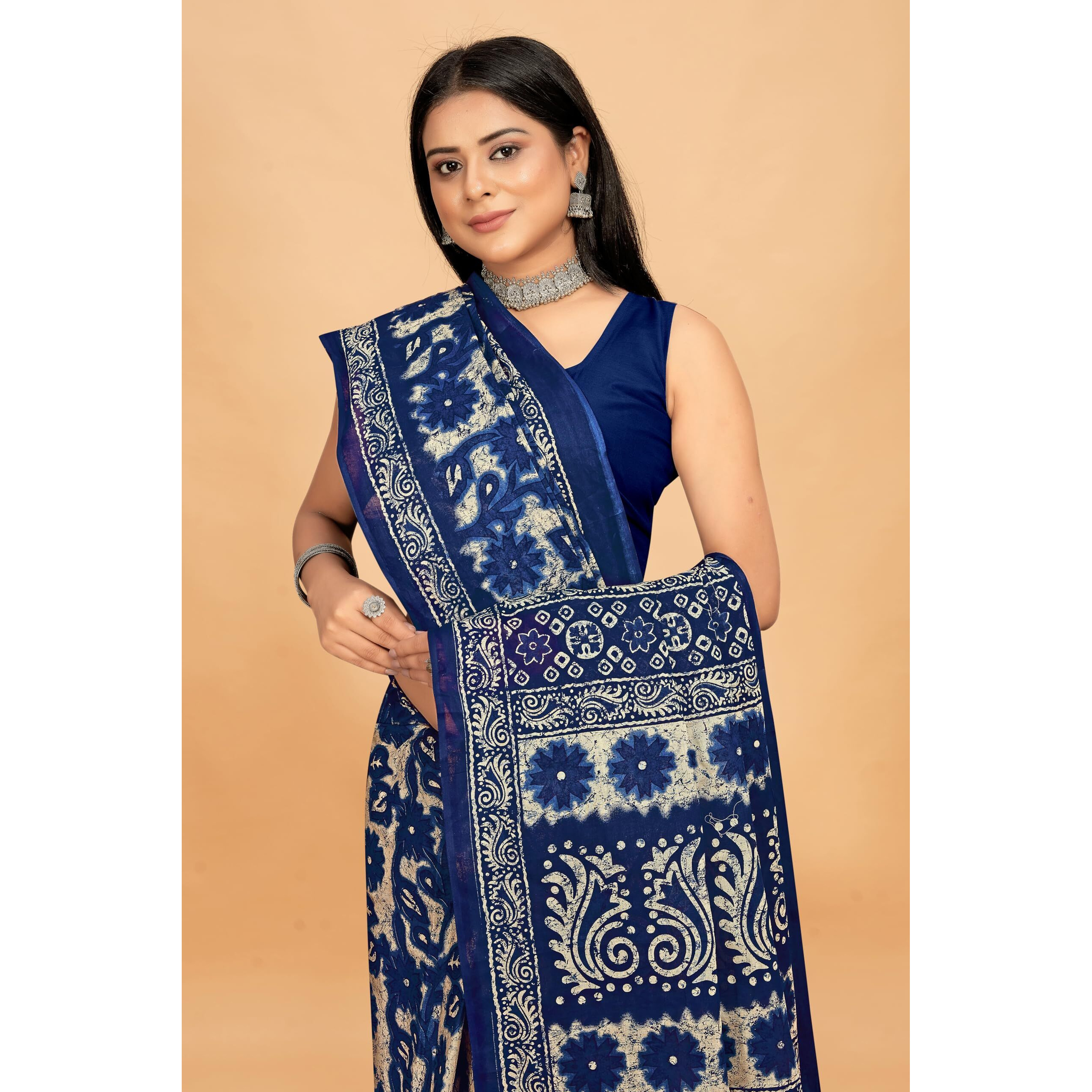 Tamaira Fashion Women's Floral Batik Printed Pure Cotton Mulmul Saree Without Blouse Piece(11588_Indigo Blue)