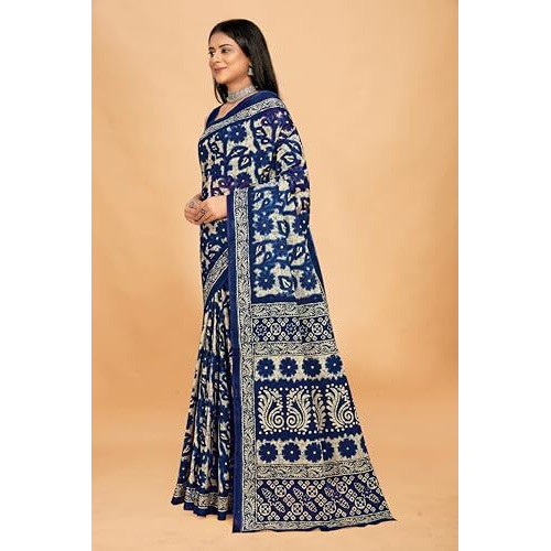 Tamaira Fashion Women's Floral Batik Printed Pure Cotton Mulmul Saree Without Blouse Piece(11588_Indigo Blue)