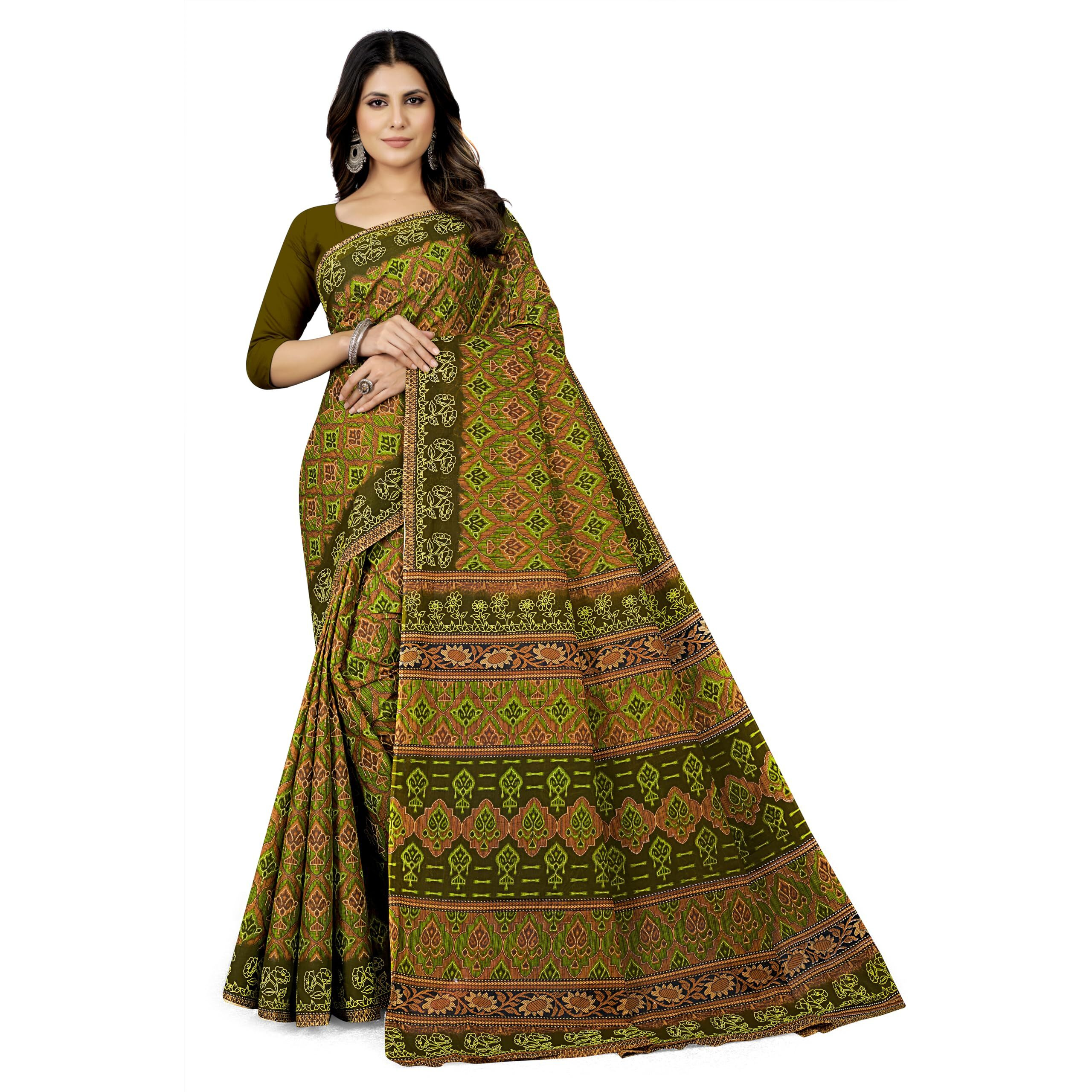 Tamaira Fashion Women's Plain Weave Pure Cotton Saree Without Blouse Piece(11188_Green)