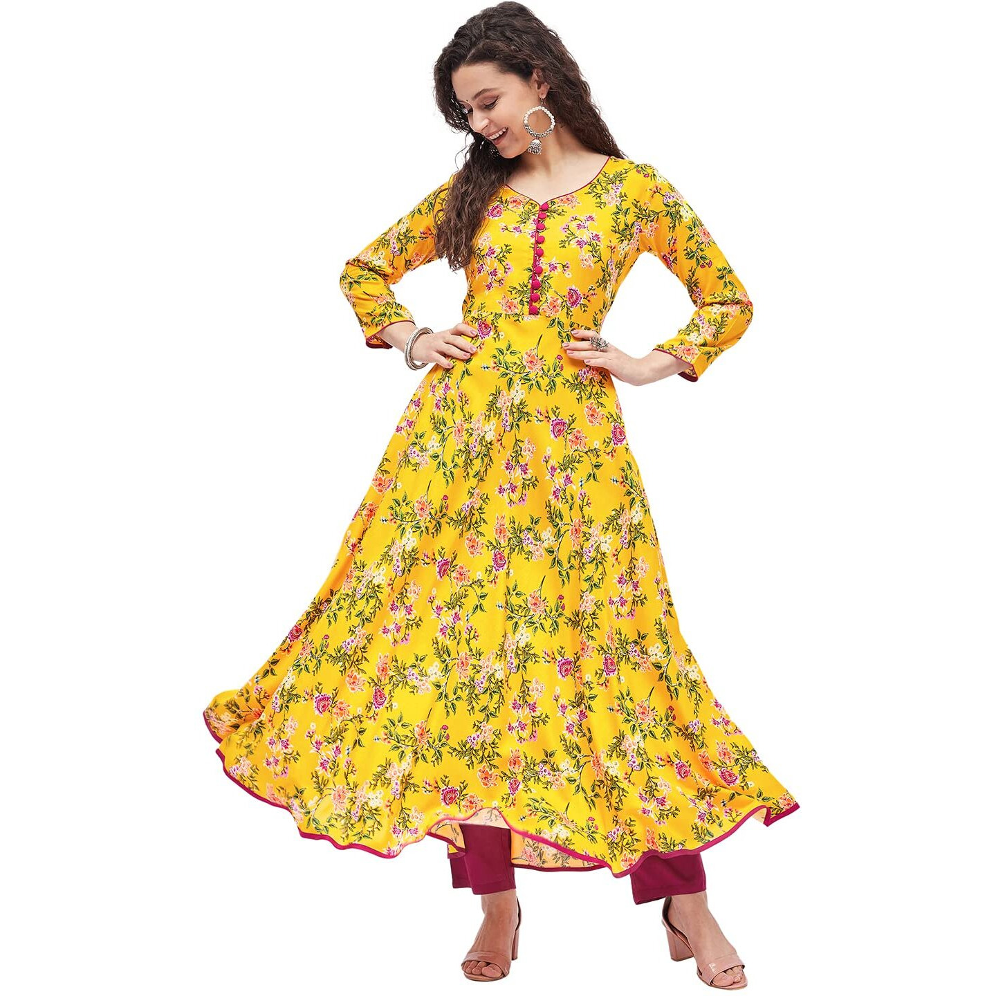Tissu Women's Rayon Yellow & Rani Floral Printed A-Line Kurta 2211_Yellow_M
