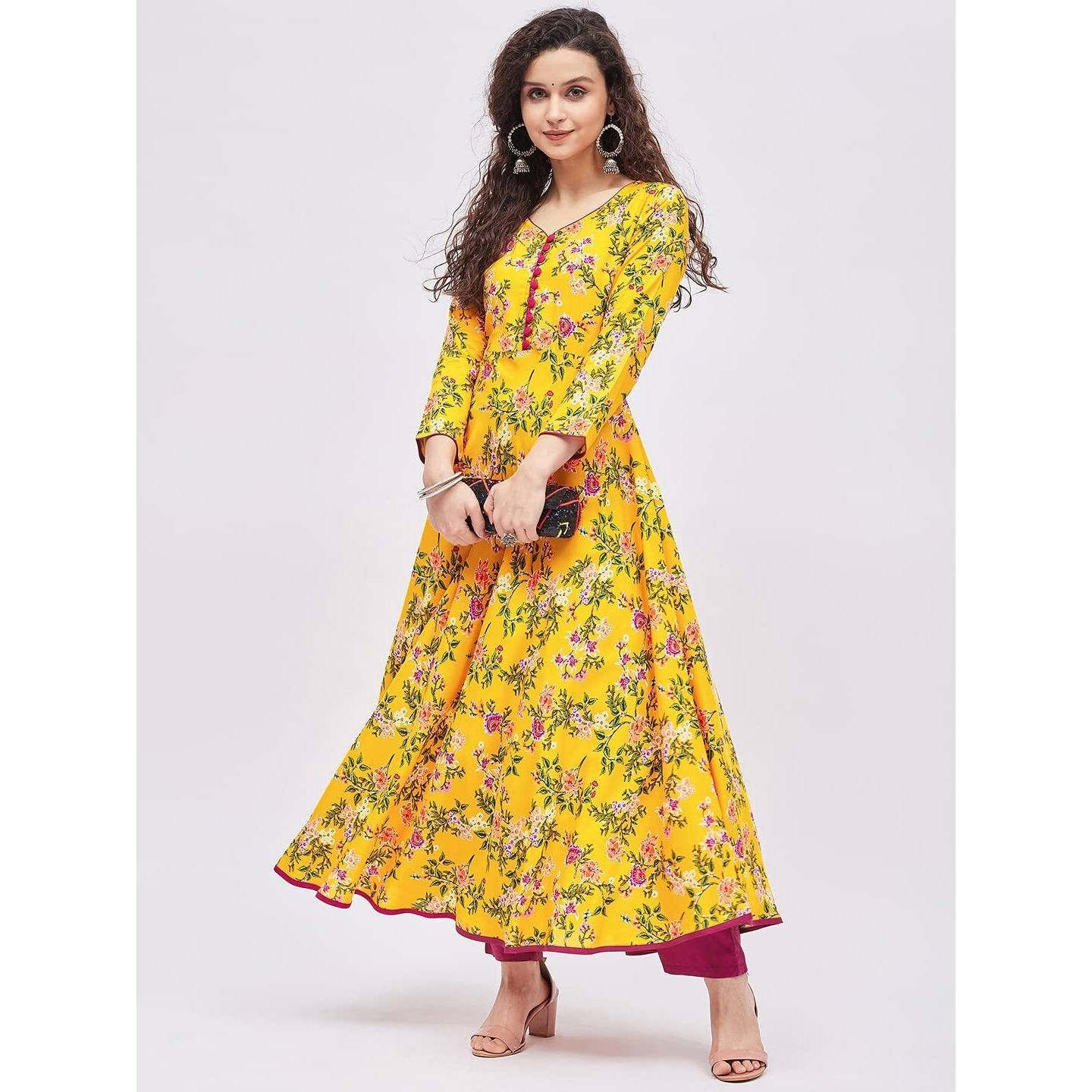 Tissu Women's Rayon Yellow & Rani Floral Printed A-Line Kurta 2211_Yellow_M